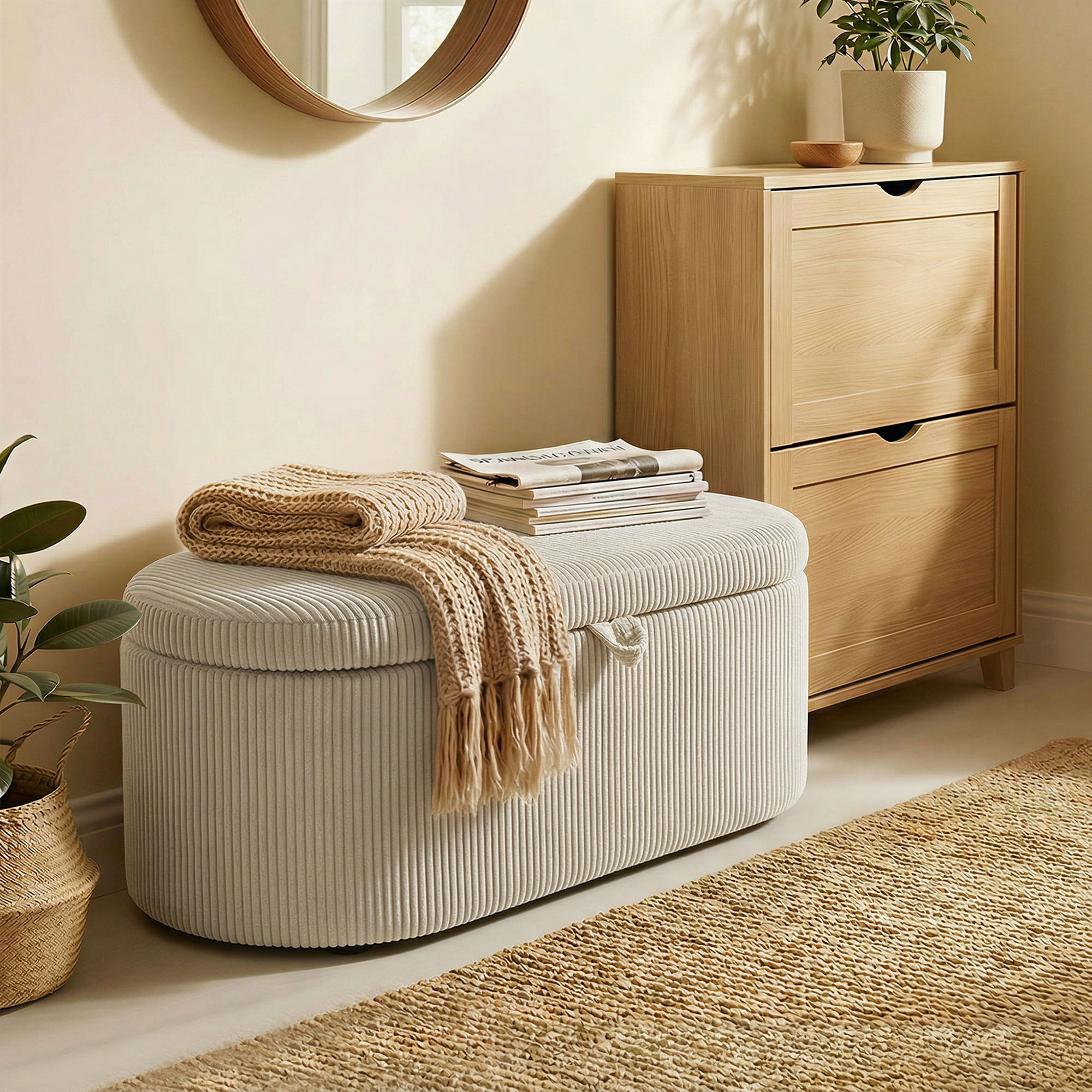 Aufbewahrungs-Ottomane, Cord-Polsterung mit gepolsterter Sitzfläche, Sitzbank am Bettende, 105 x 51 x 49 cm, Beige