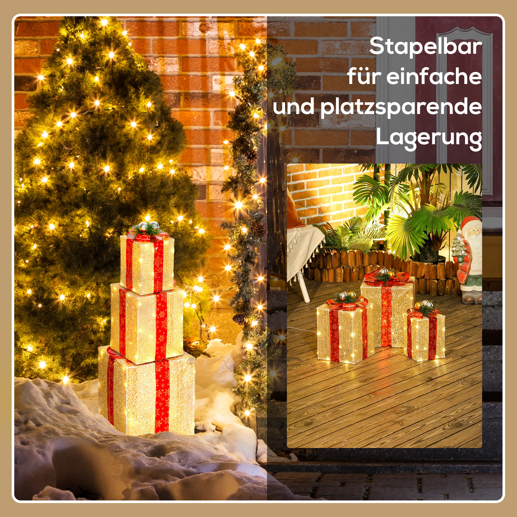 3-teiliges Weihnachts-Geschenkboxen-Set für Innen- und Außendekoration, mit 58 LED-Lichtern, Goldton