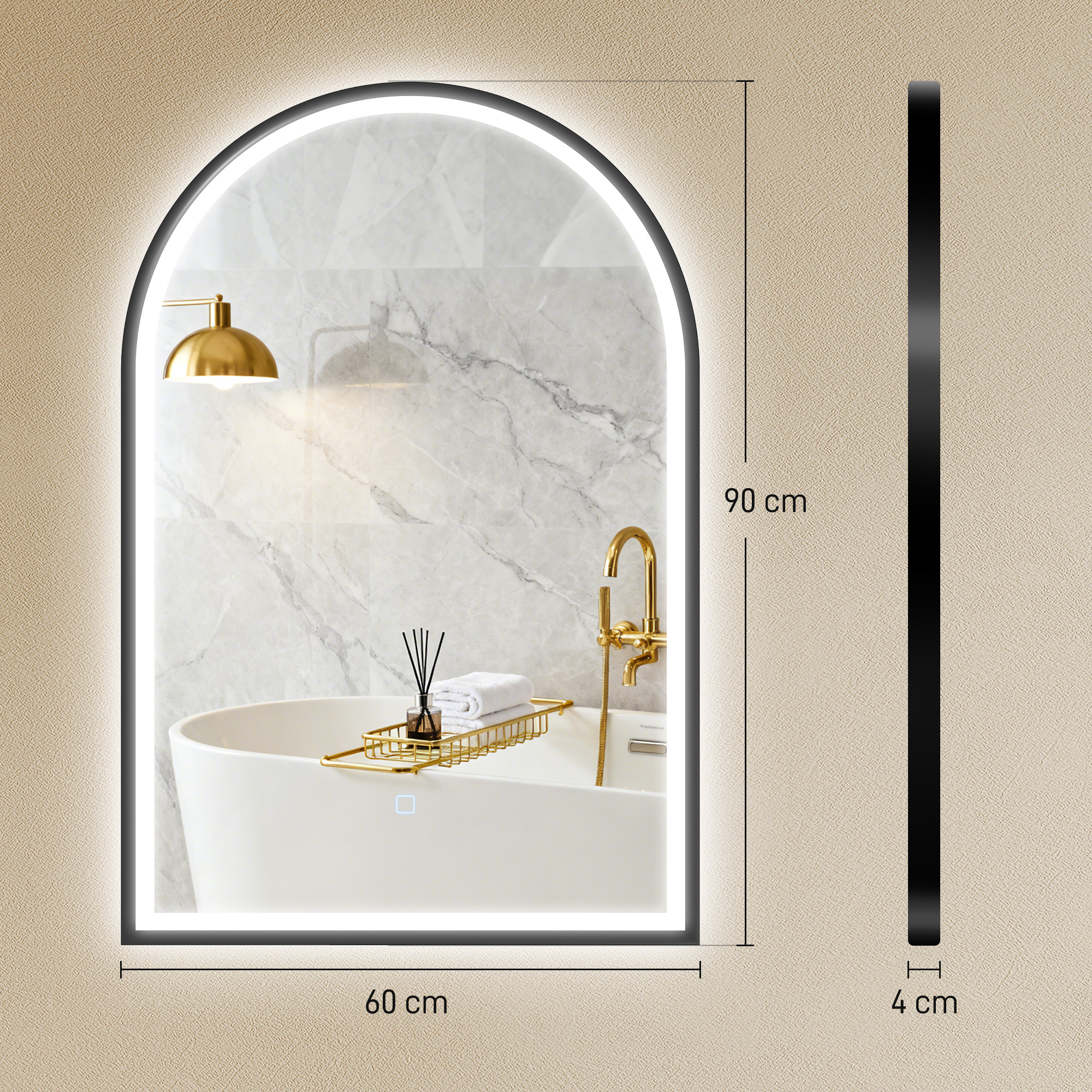 LED Badezimmerspiegel 60 x 90 cm mit Beleuchtung, Front- & Rückbeleuchtung, Memory-Funktion, Touch-Schalter, Schwarz