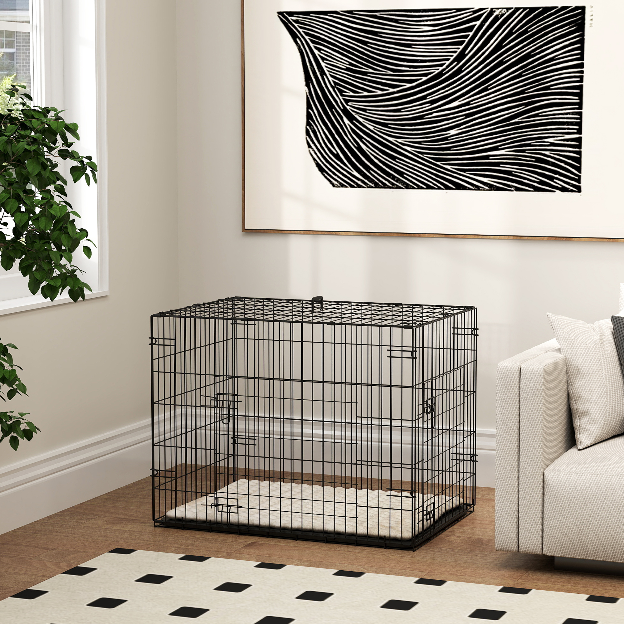 Hundekäfig klappbar Hundebox mit 2 Türen, Transportkäfig mit ausziehbare Bodenschale Kissen 75 x 48,5 x 53 cm Schwarz