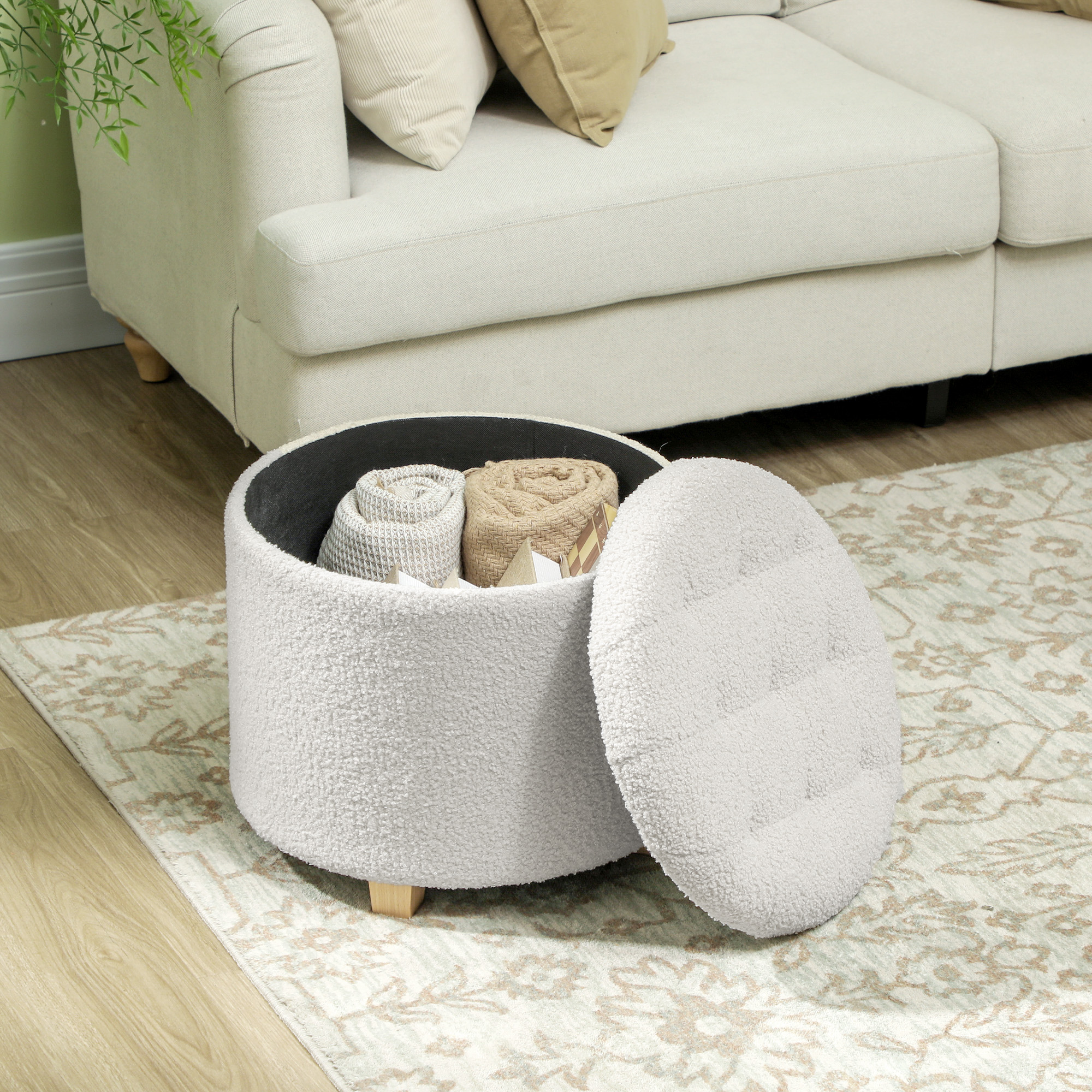Sitzhocker mit Stauraum, Hocker mit Deckel, runder Fußhocker, Aufbewahrungsbox, mit Holzbeinen, Weiß
