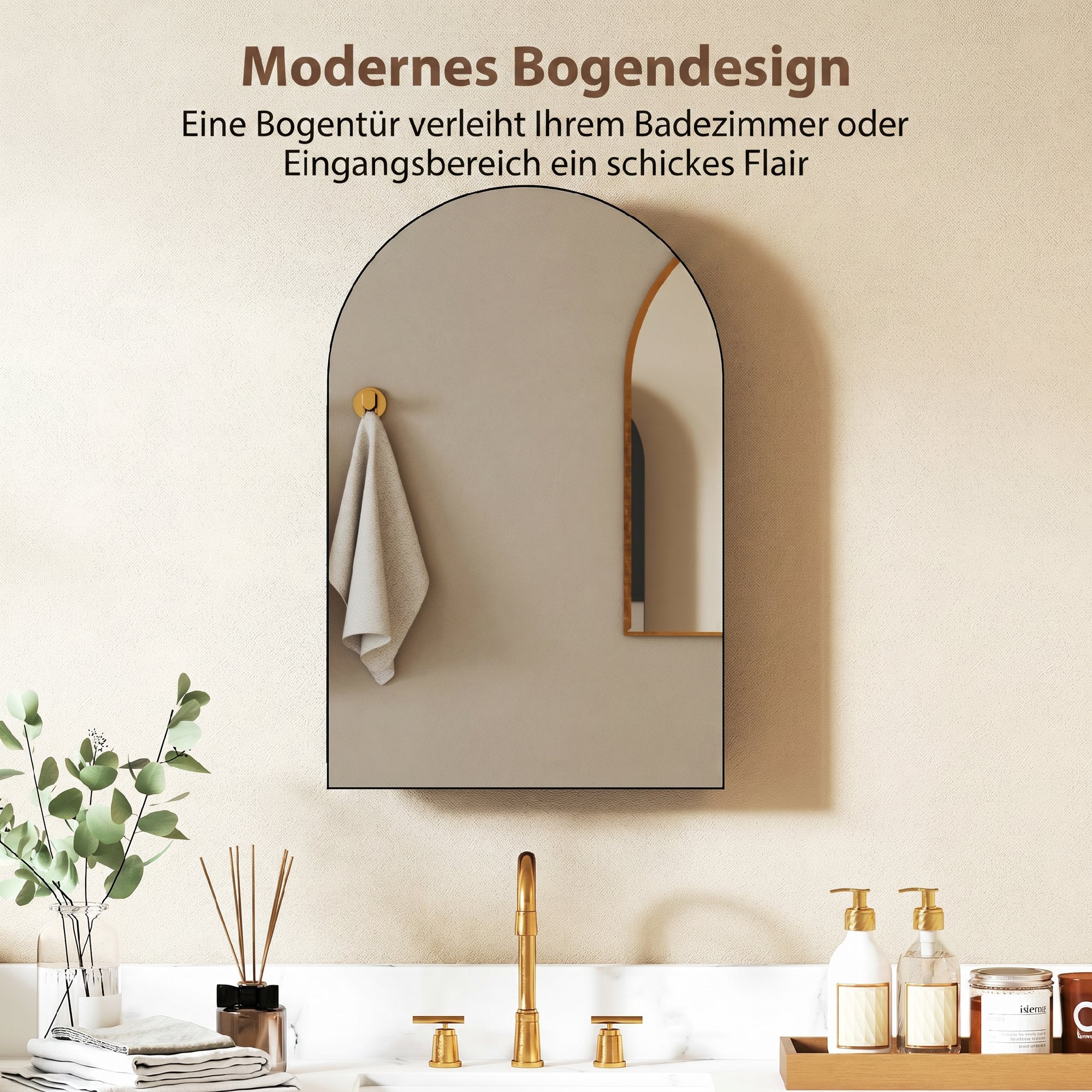 Spiegelschrank Bad Gewölbter Badezimmerschrank mit 180° Tür, 3 Regalen, aus Metall Schwarz 50 x 12 x 76 cm