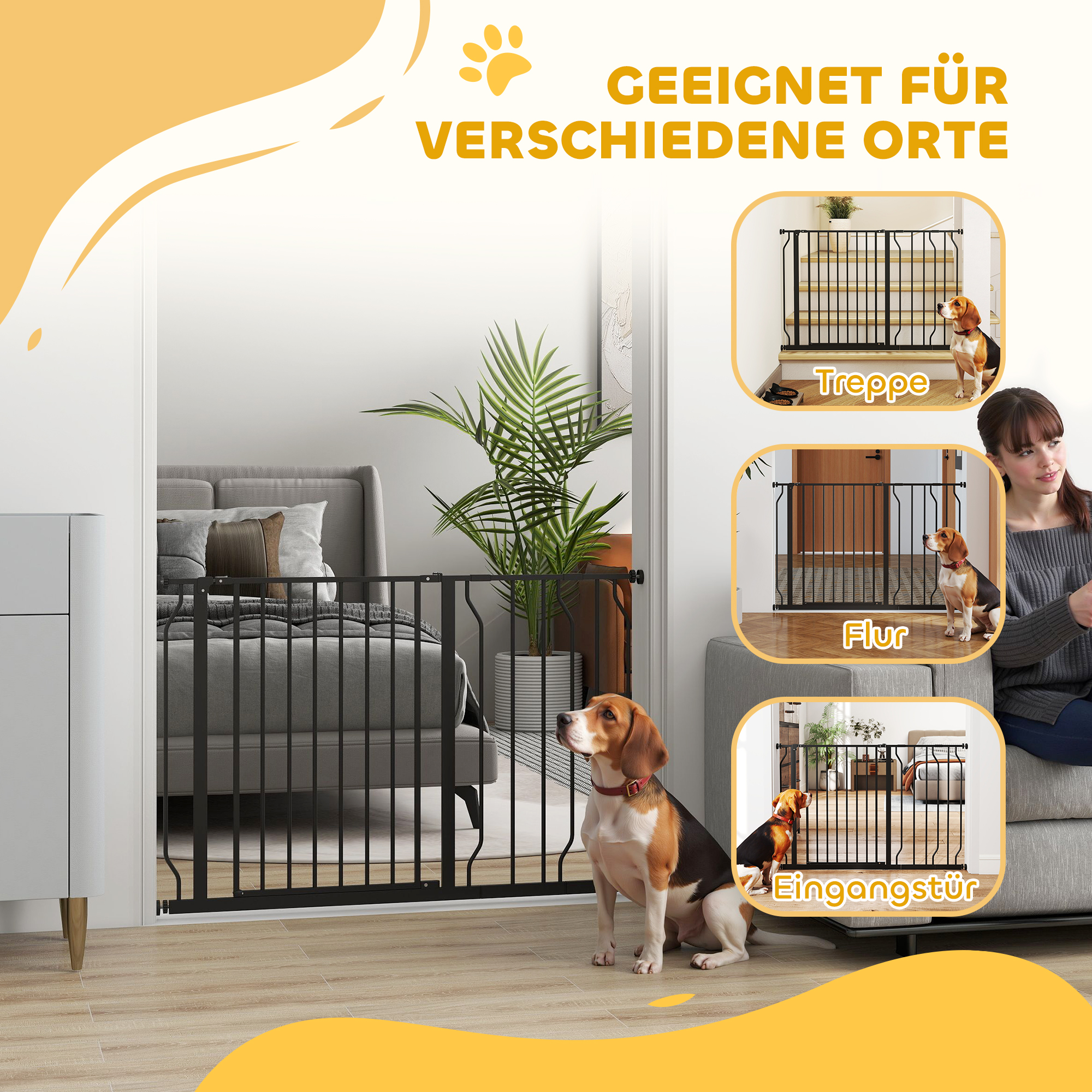 Hunde-Absperrgitter, Klemmmontage, verstellbare Länge, Stahl/ABS, 75-115 x 76cm, Schwarz