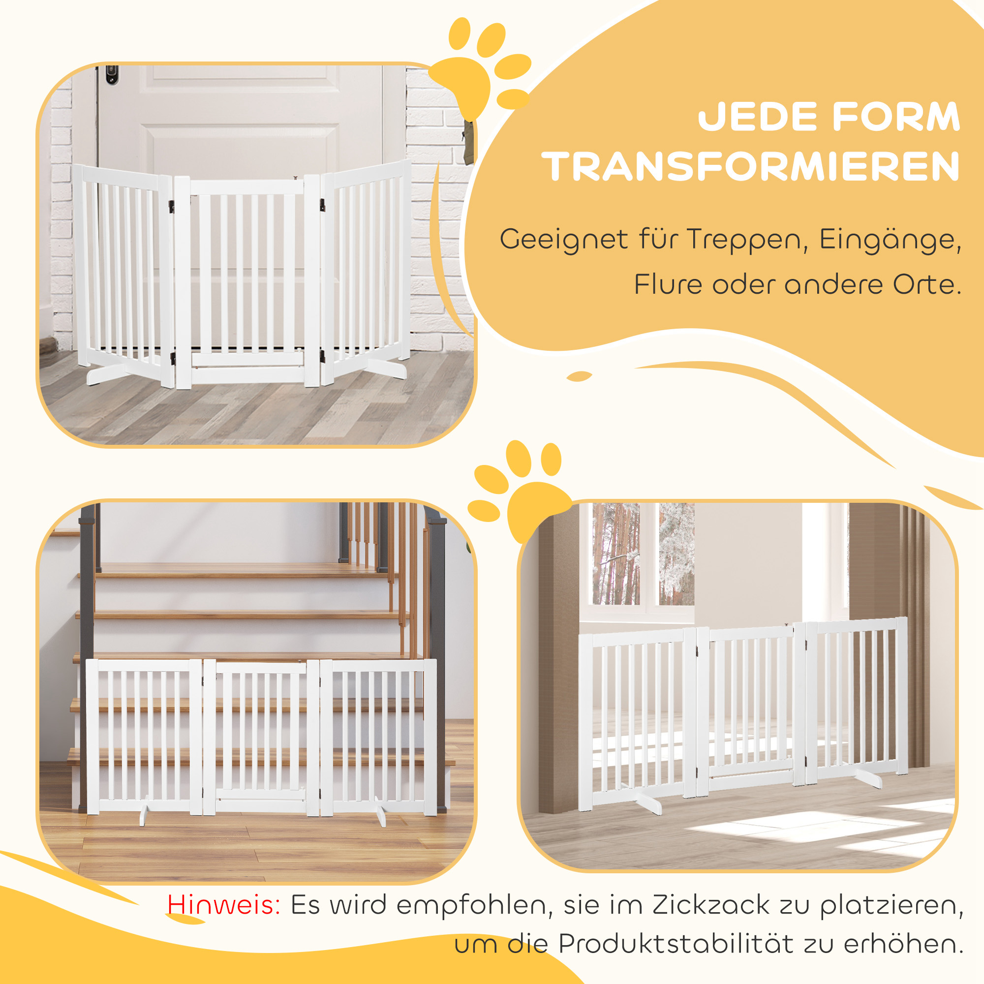 Absperrgitter Hund Freistehendes Verstellbares Schutzgitter mit Füßen 155 x 76 cm Holz Hundegitter Klappbar Treppenschutzgitter für Treppen, Türen, Küche, Flur, 3 Paneelen, Weiß