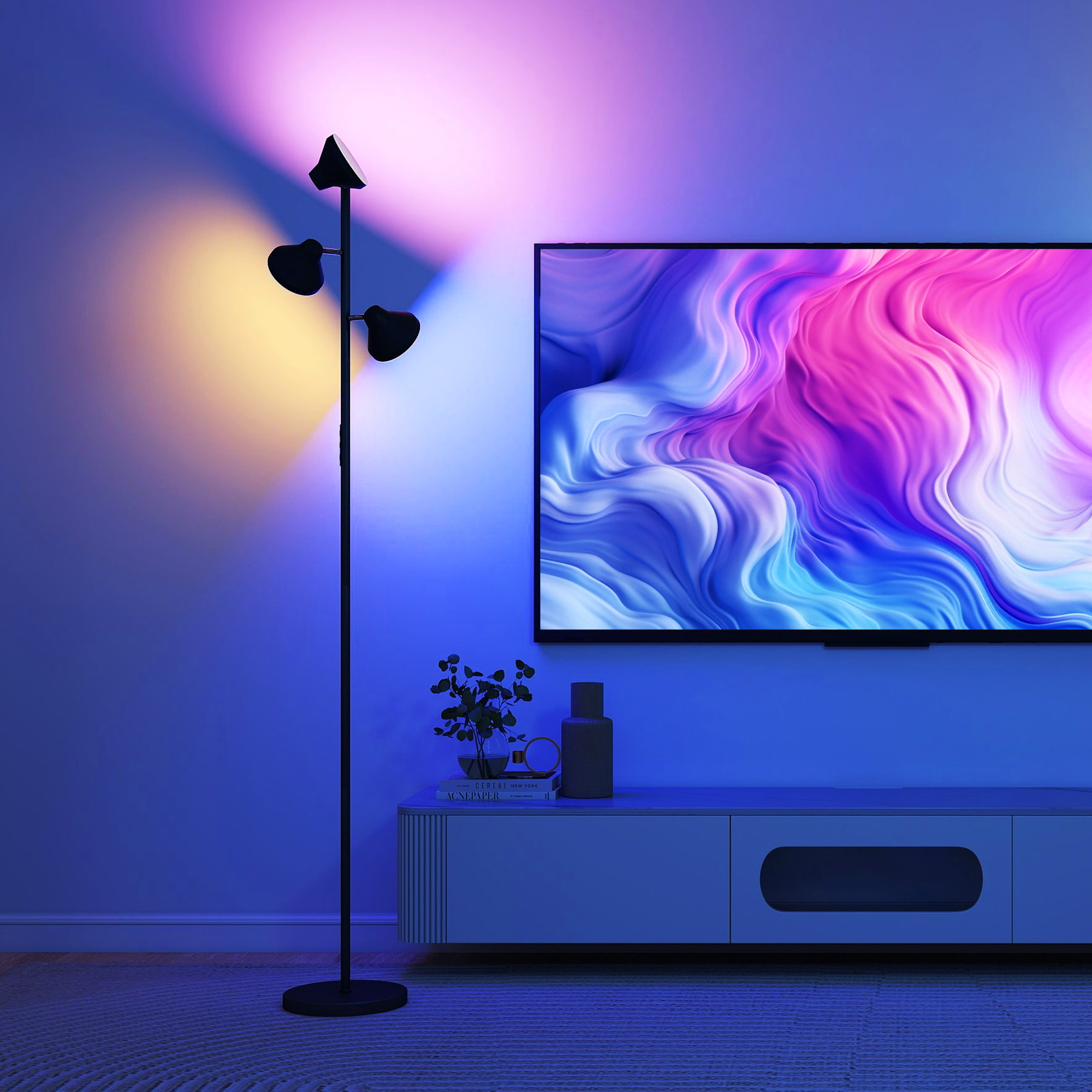 Stehlampe Dimmbar mit Leselampe, Stehleuchte RGB Farbwechsel mit Fernbedienung Touch-Steuerung 3 drehbare Köpfe Schwarz