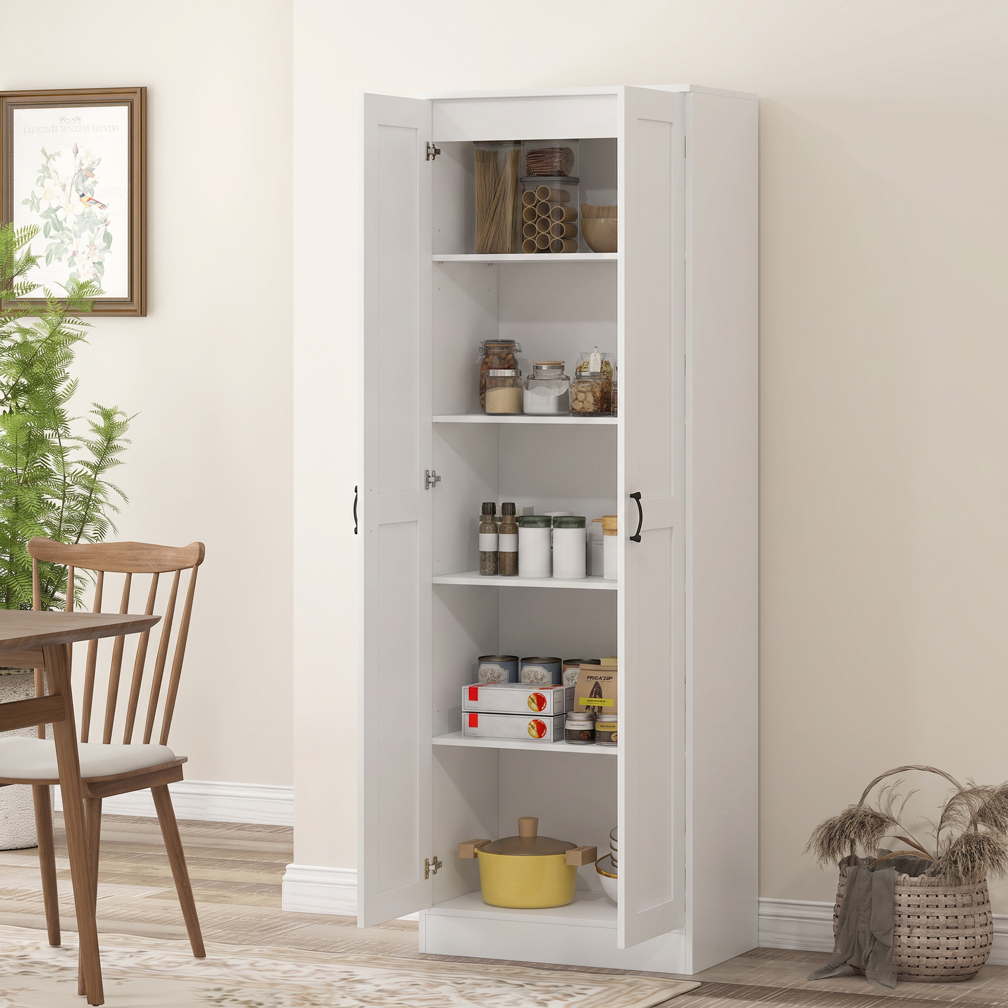 Vorratsschrank 175 cm mit Stauraum, Küchenschrank mit Soft-Close-Türen und verstellbaren Einlegeböden, Weiß