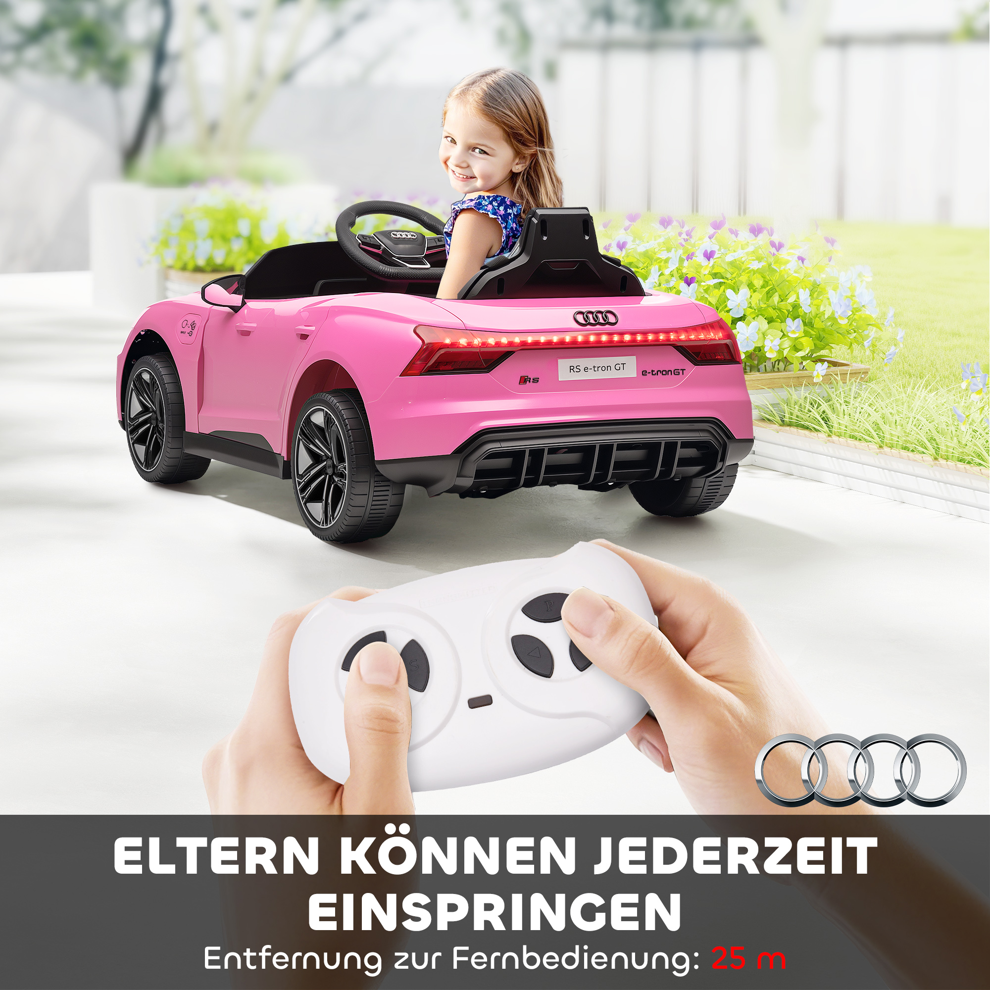 Kinder-Elektroauto mit Fernbedienung, Sicherheitsgurt, Hupe, Musik, Scheinwerfer, bis 5 km/h, 3-5 Jahre, Rosa