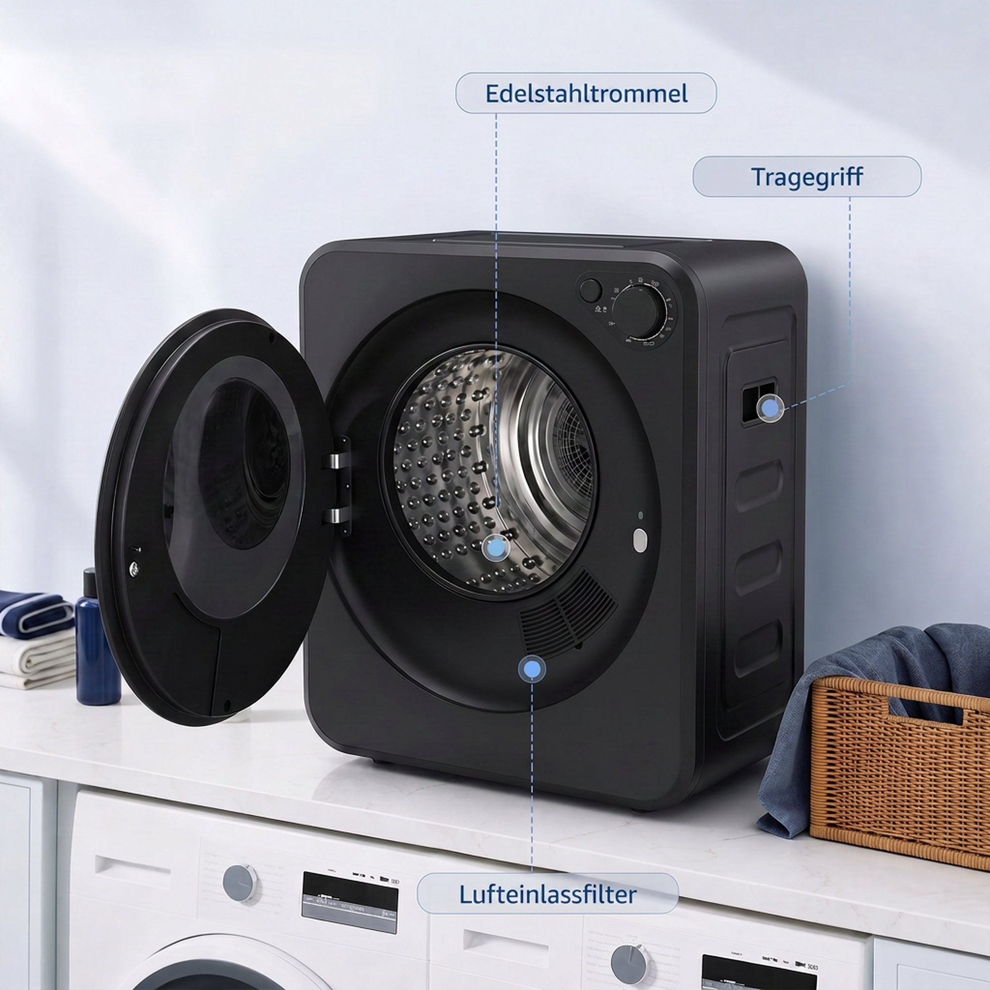Mini Wäschetrockner 4 kg mit 5 Programme bis zu 60℃ 800W/400W Ablufttrockner mit Edelstahltrommel Schwarz