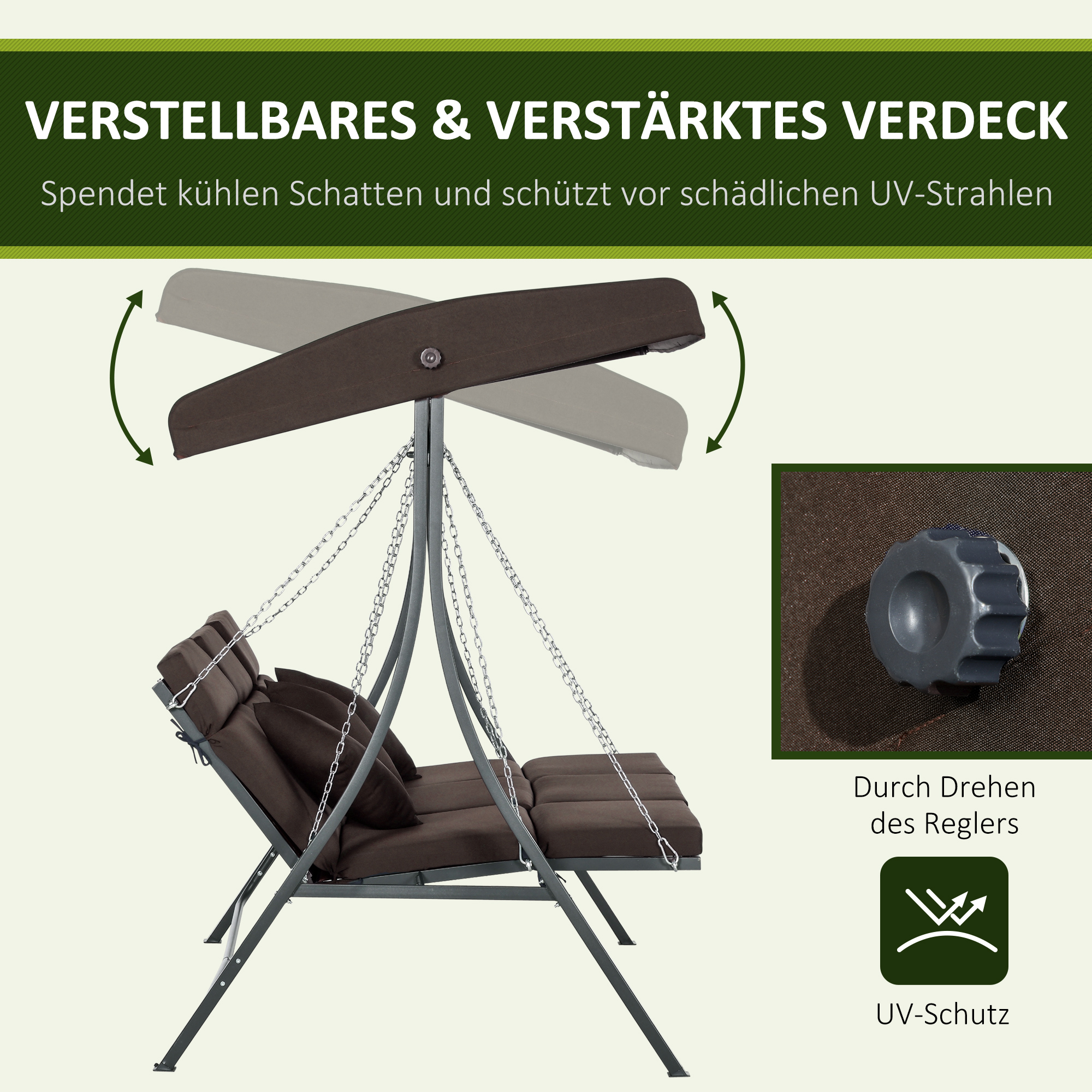 Hollywoodschaukel, für 3 Personen, verstellbares Sonnendach, bis 270 kg, braun, 198 x 118 x 168 cm