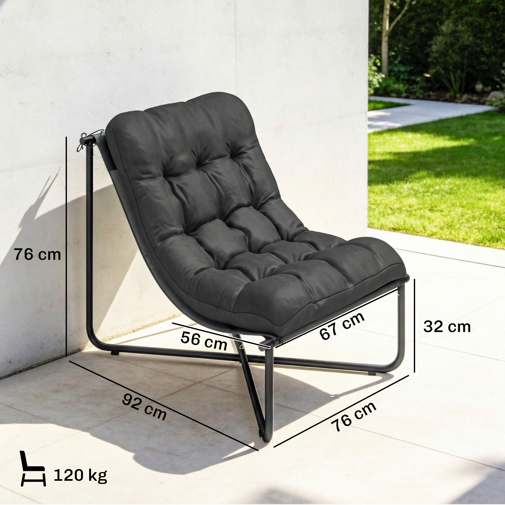 Lounge Sessel Outdoor Ergonomischer Gartensessel mit hautfreundlich Kissen Breiter Sitz Stahlrahmen Dunkelgrau