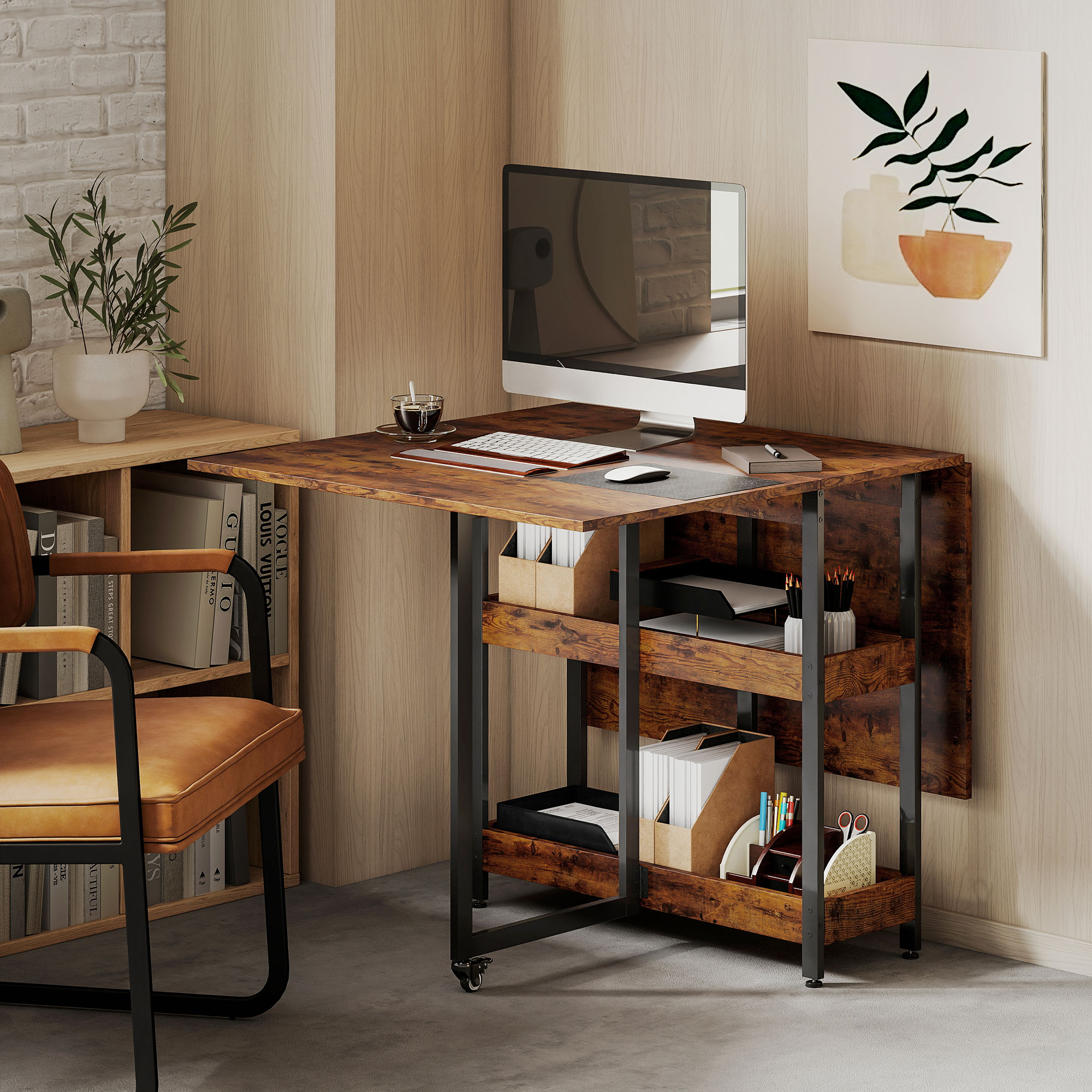 Klappbarer Esstisch im Industriedesign, für bis zu 4 Personen, offene Regale, flexibel, Metall, Spanplatte, Braun