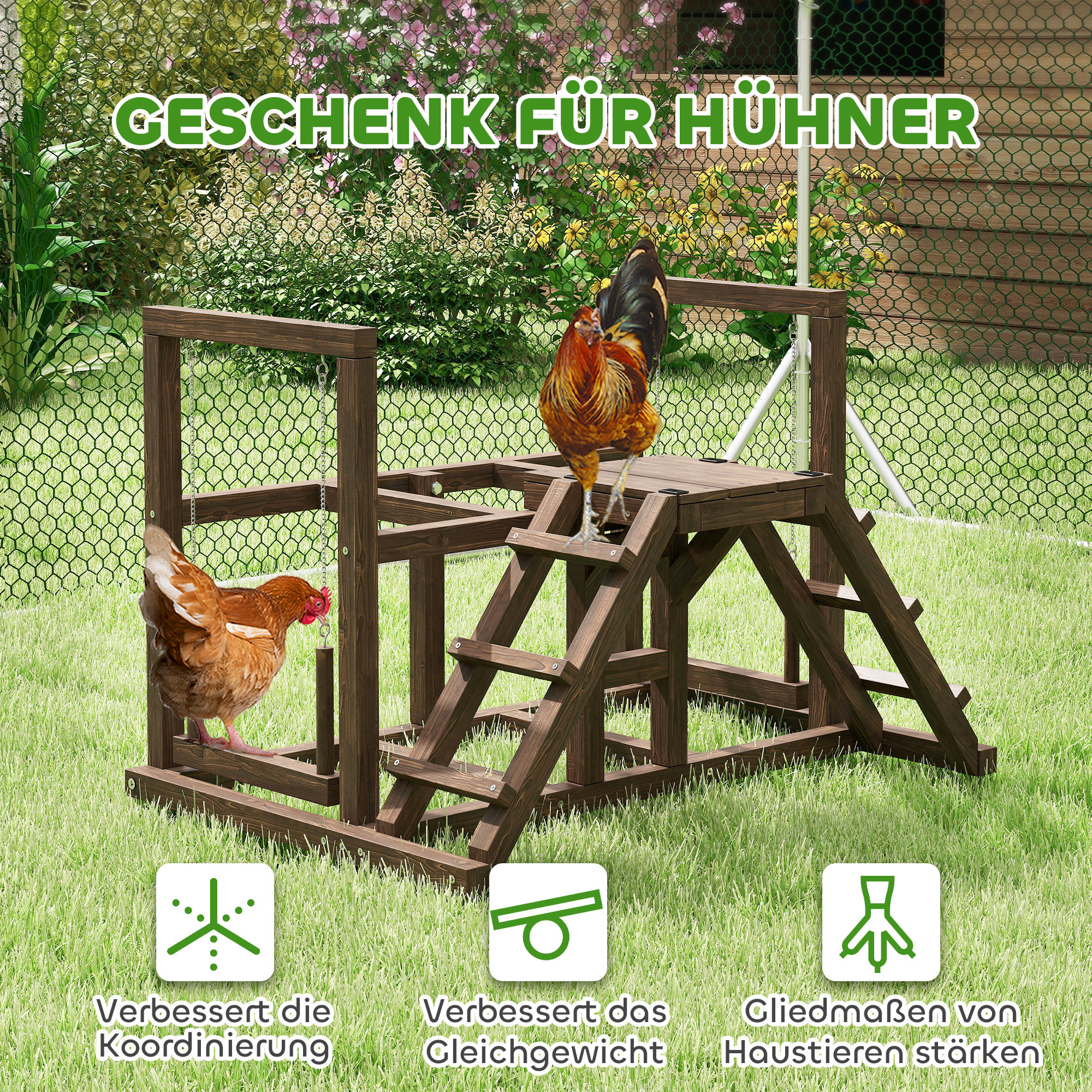 Hühnergestell, Sitzstangen, Rampen, Schaukeln, für 2-3 Hühner, Holz, Braun