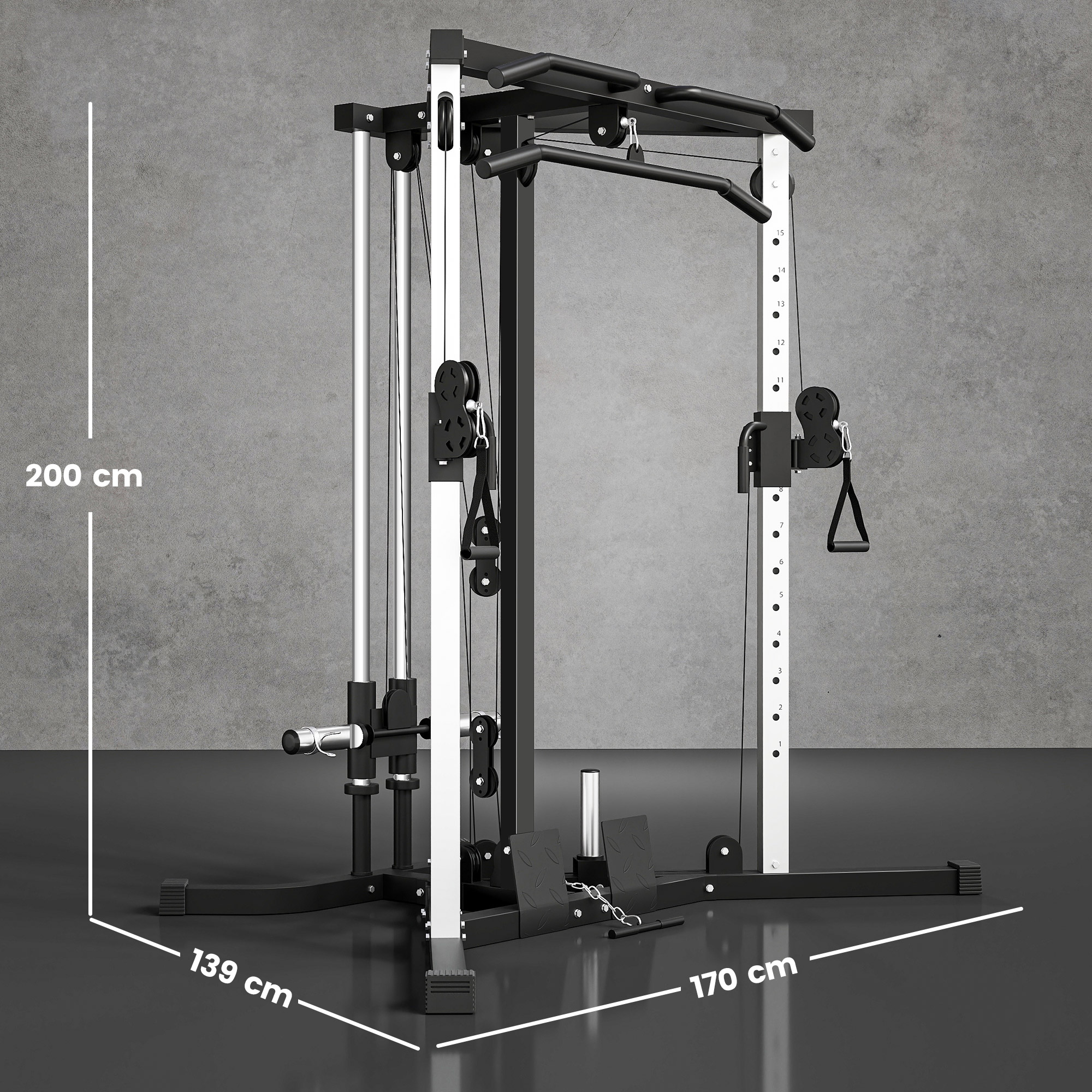 Kraftstation Fitnessstation mit Latzug, Klimmzugstange Curl-/Ruderstange Griffe, 15-fach verstellbar