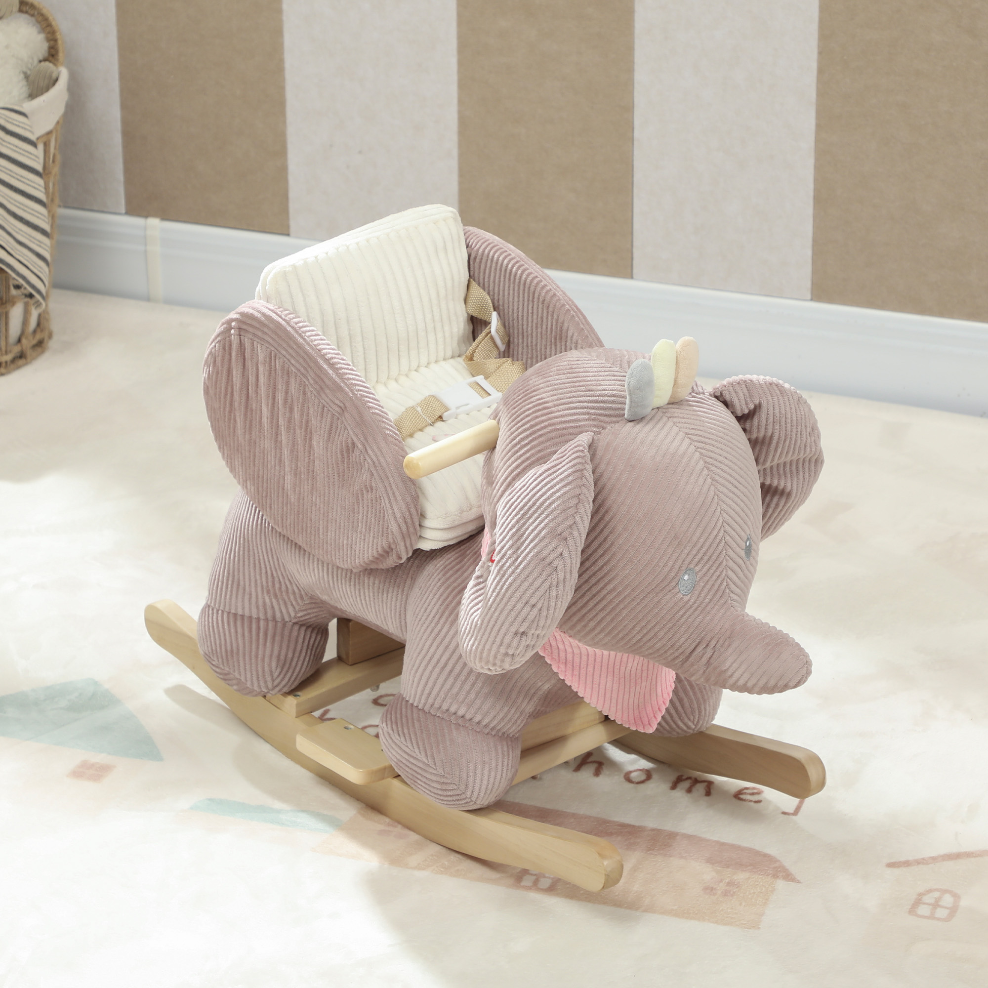Schaukeltier, Elefant-Schaukel, interaktive Tiergeräusche, Holzrahmen, für Kinder 1,5-3 Jahre, 65 x 32 x 49 cm, Braun