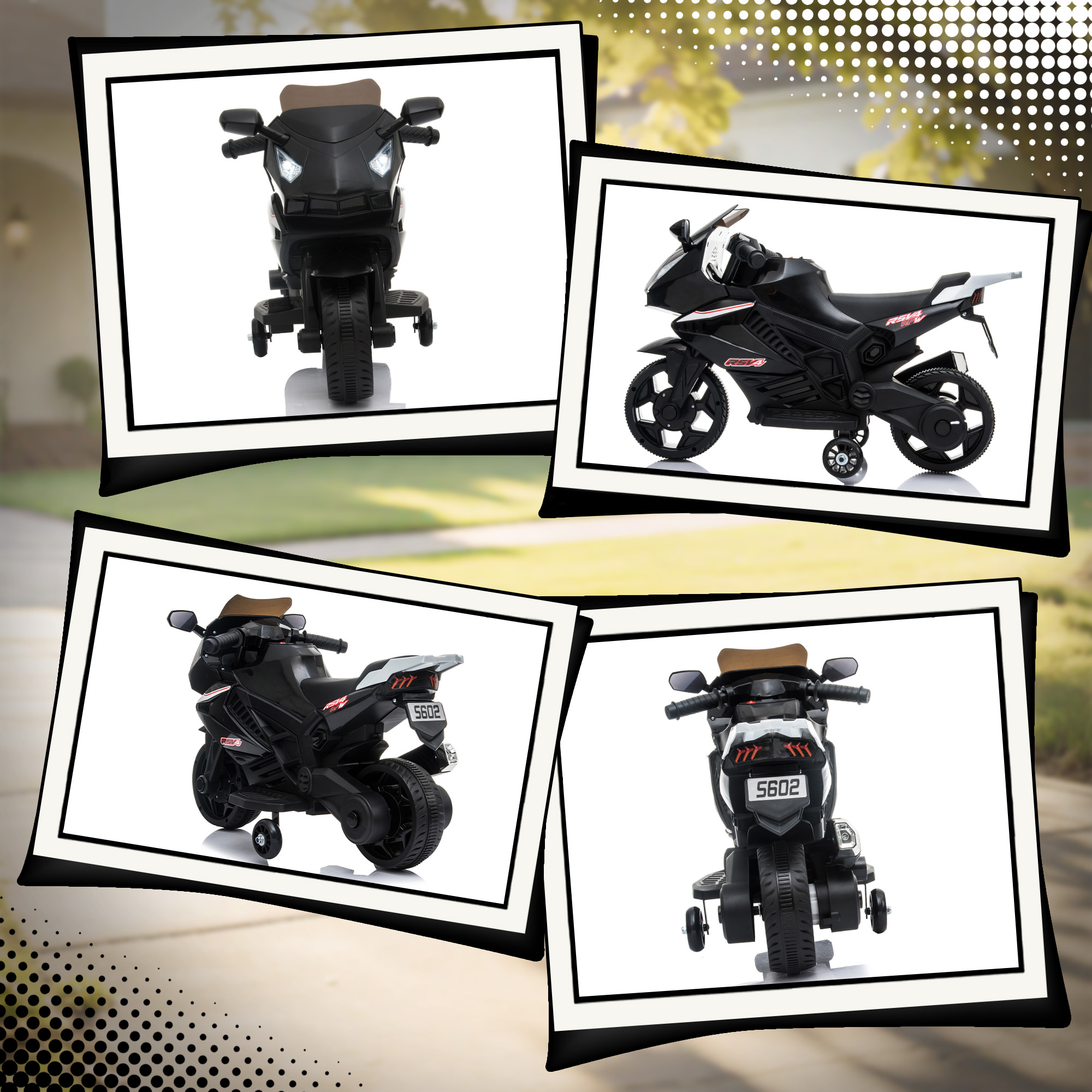 Elektro-Motorrad für Kinder, Hupe, Scheinwerfer, Musikfunktion, 2,5 km/h, Schwarz