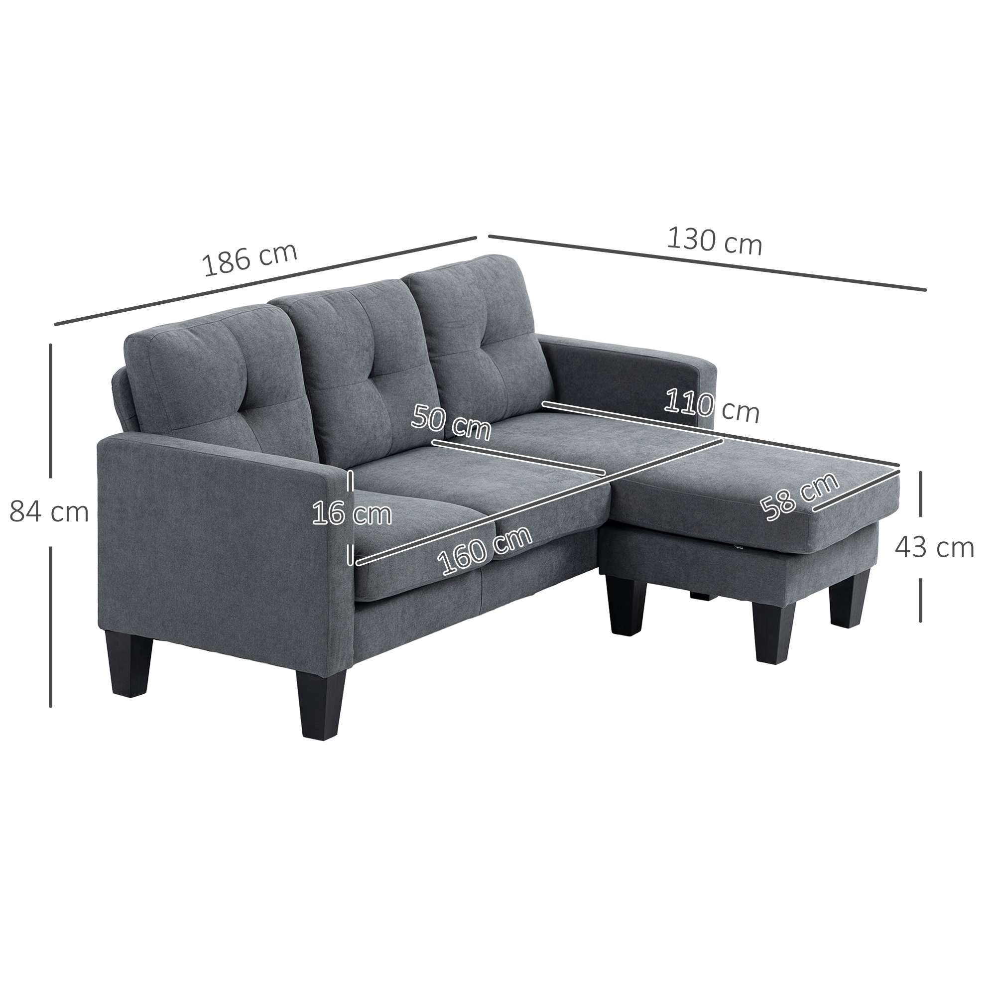 Ecksofa in L-Form, beidseitig anbringbare Chaiselongue, Polstersofa, Dunkelgrau