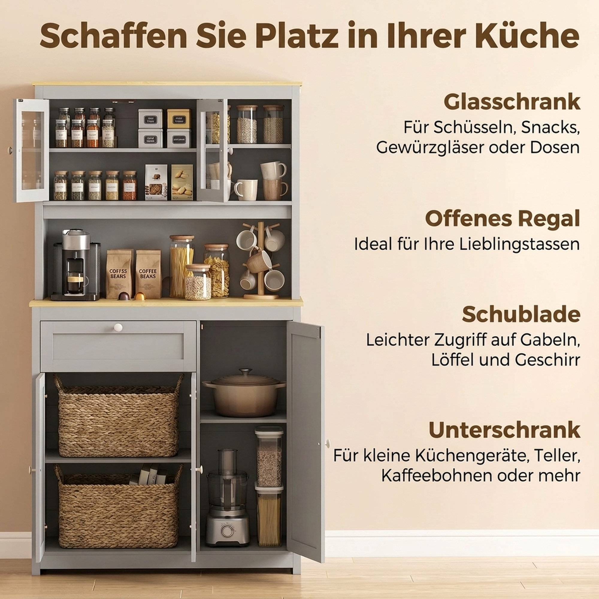 Vorratsschrank mit offener Arbeitsfläche und Kabeldurchlass, Küchenbuffet mit Glastüren Grau, 180cm