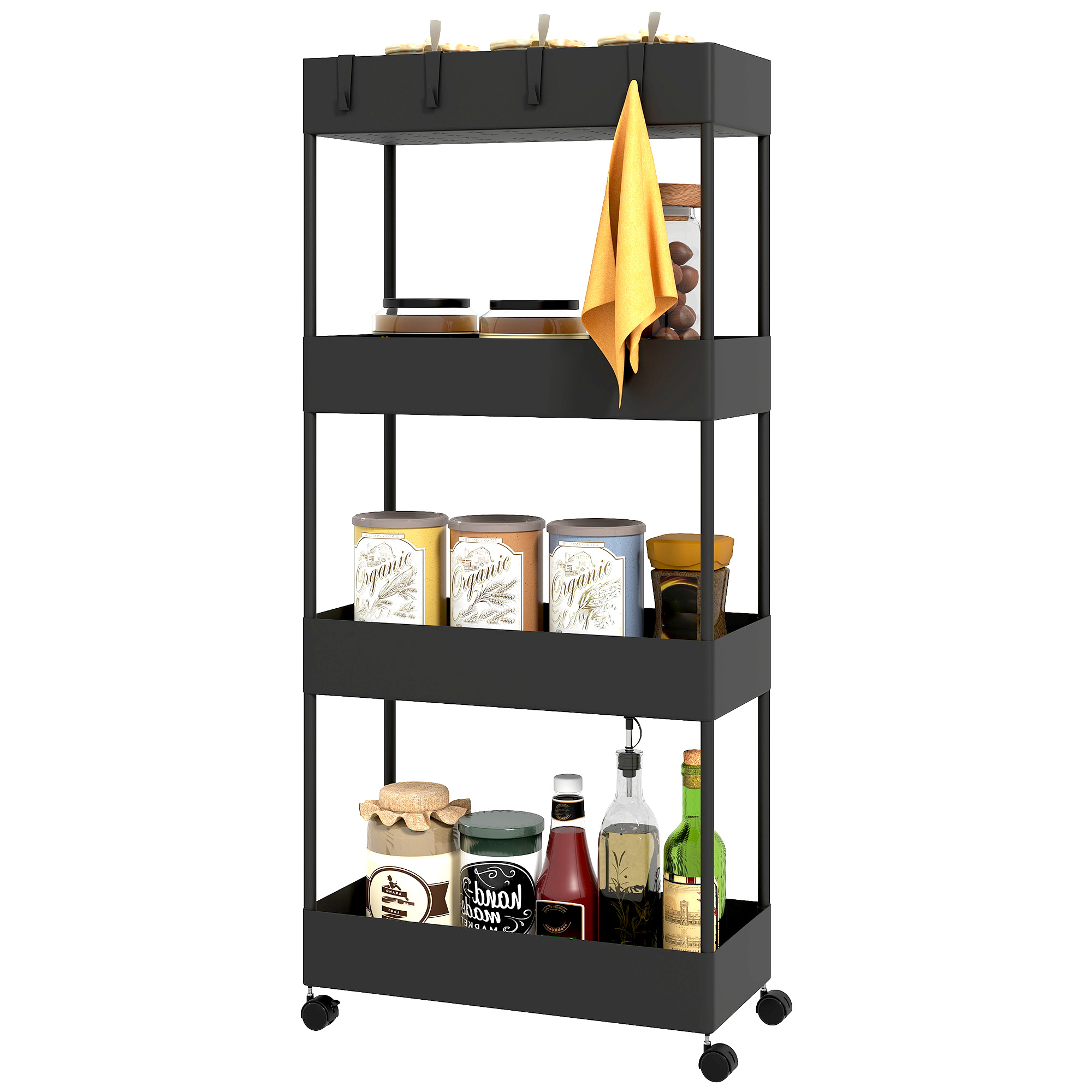 Küchenwagen mit 4 Regalen, 4 flexiblen Haken, 4 Rollen, 40 cm x 19 cm x 90 cm, Nischenwagen, Schwarz Küchenwagen mit 4 Regalen, 4 flexiblen Haken, 4 Rollen, 40 cm x 19 cm x 90 cm, Nischenwagen, Schwarz