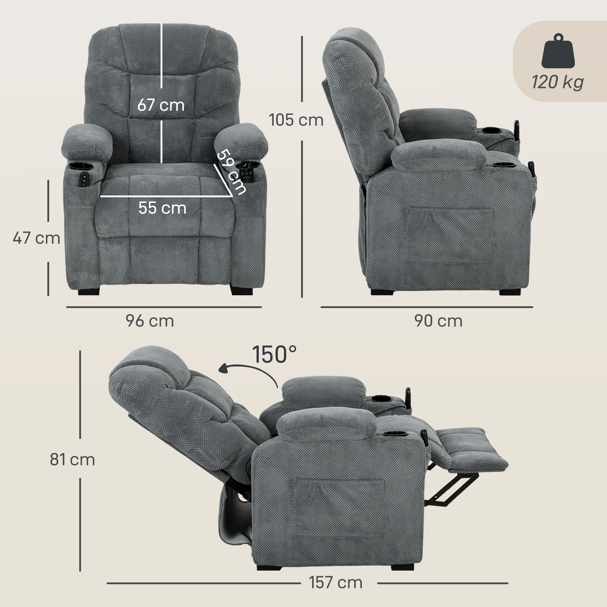 Elektrischer Relaxsessel mit Massage & Wärme, leisem Motor und Memory-Funktion, Dunkelgrau
