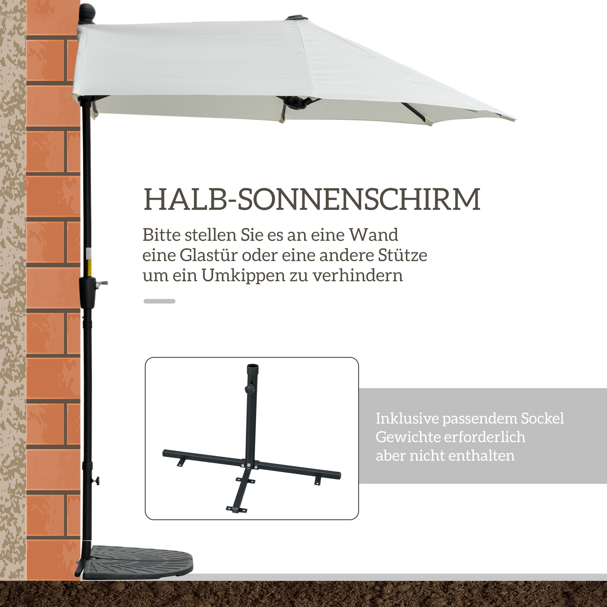 Sonnenschirm Halbrund 1,9 x 2 m Doppelsonnenschirm mit Handkurbel Ständer Cremeweiß