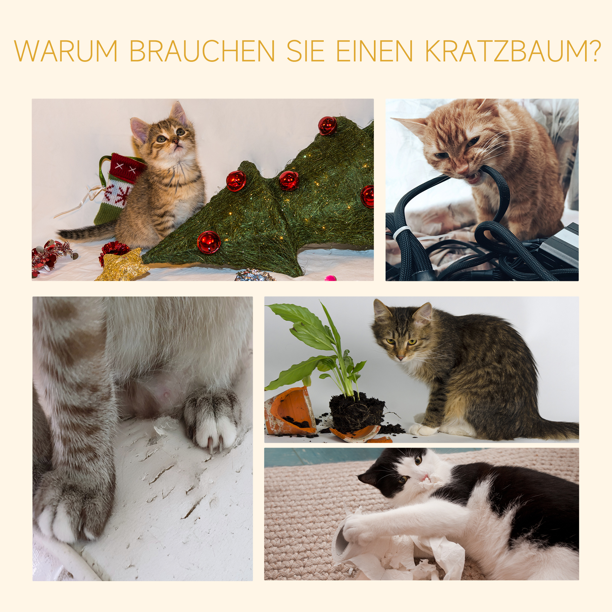 Kratzbaum Deckenhoch höhenverstellbar, stabiler Katzenbaum mit Sisalsäulen, Katzen Kletterbaum, Beige, 40 x 34 x 230-260 cm