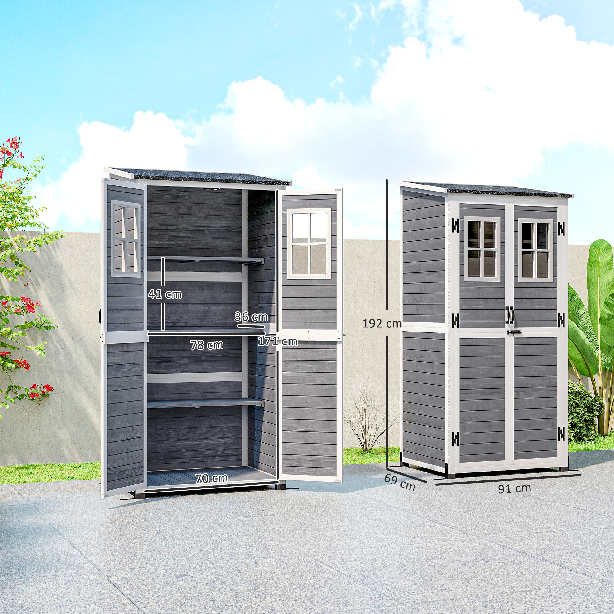 Gartenlagerschuppen, Werkzeugschuppen mit 2 Fenstern, Bodenpfähle, Asphalt-Dach, 91 x 69 x 192 cm, Tannenholz, Hellgrau