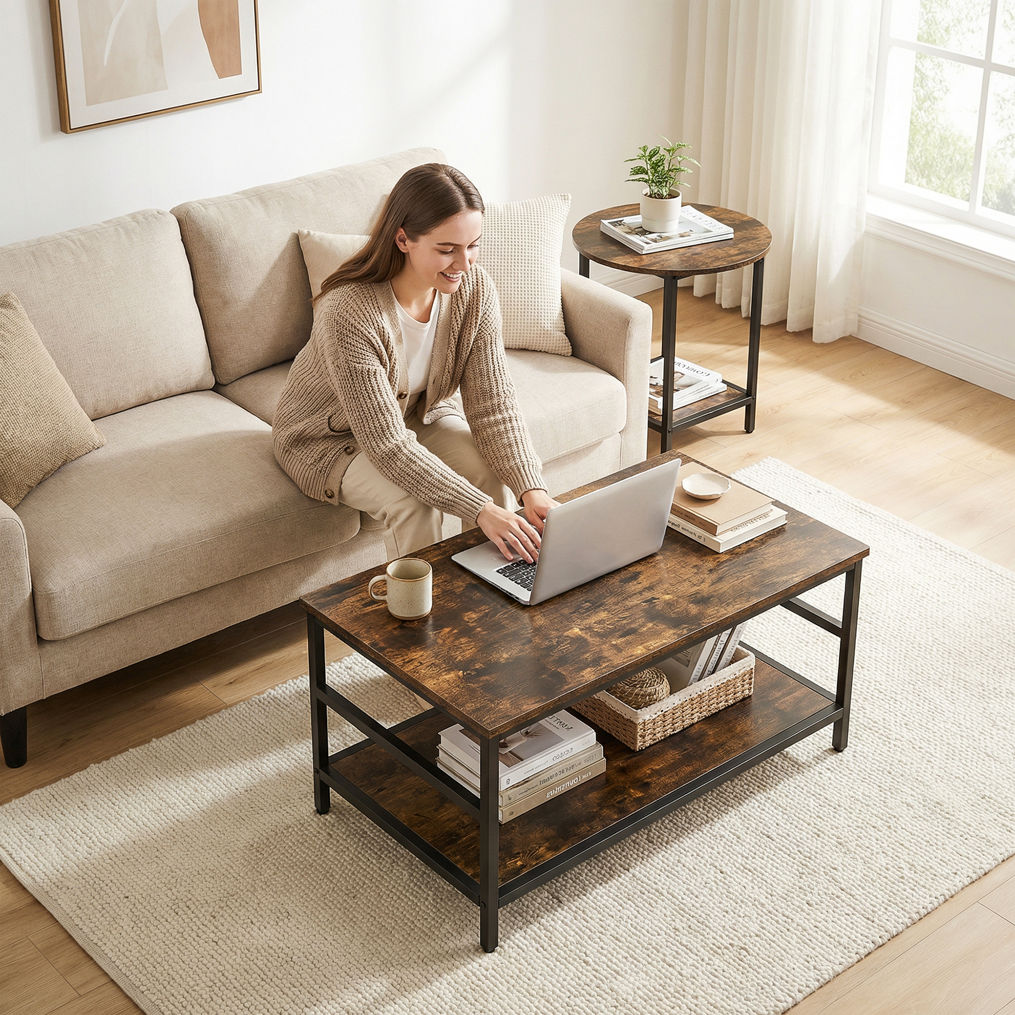 Couchtisch-Set, 2-teilig, rechteckiger und runder Tisch mit 2-stufigem Stauraum, für Wohnzimmer, Rustikal-Braun