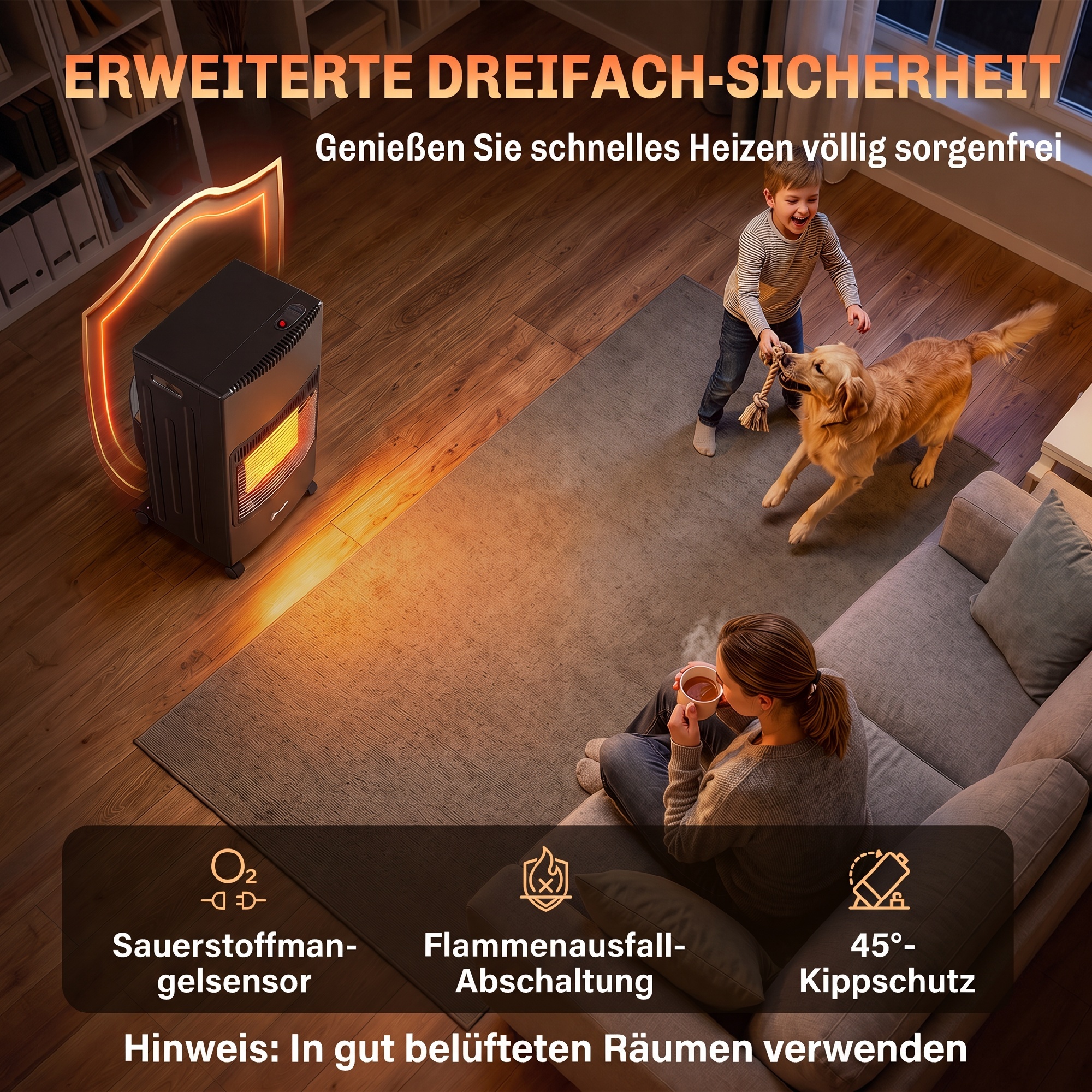 Gas Heizstrahler Outdoor 1,5-4,2 kW Klappbar Terrassenheizer mit Rollen Schutzhülle 3 Leistungsstufen Schlauch