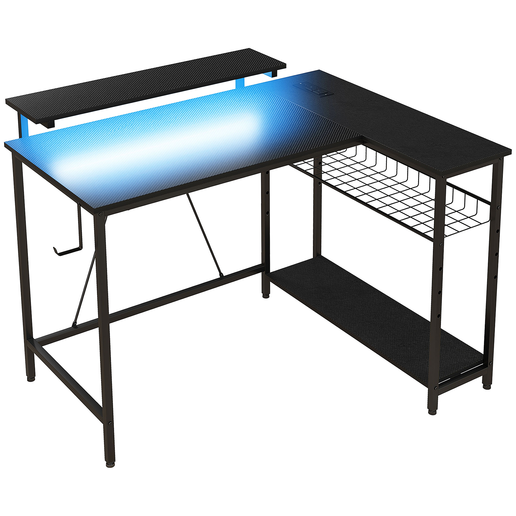 Schreibtisch L Form mit LED, Steckdosen, USB, Umkehrbar Computertisch mit Regal, 107 x 80 x 90 cm, Schwarz