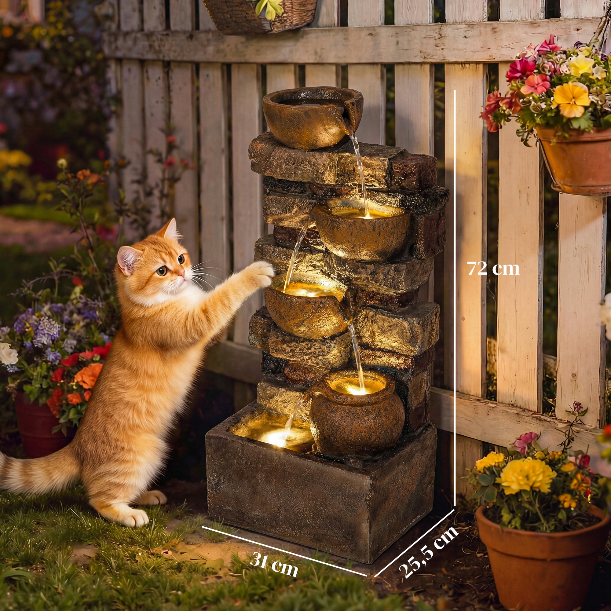 Springbrunnen 5-stufig Gartenbrunnen mit LED Beleuchtung Steinoptik Pumpe, Verstellbar 31 x 25,5 x 72 cm