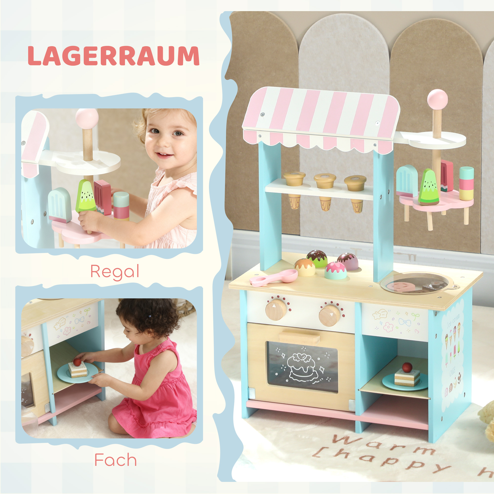 Eiswagen für Kinder Eisdiele Kinder 17 Stück Eis Kinderküche mit 17 Zubehörteile, Ofen, MDF, Hellblau