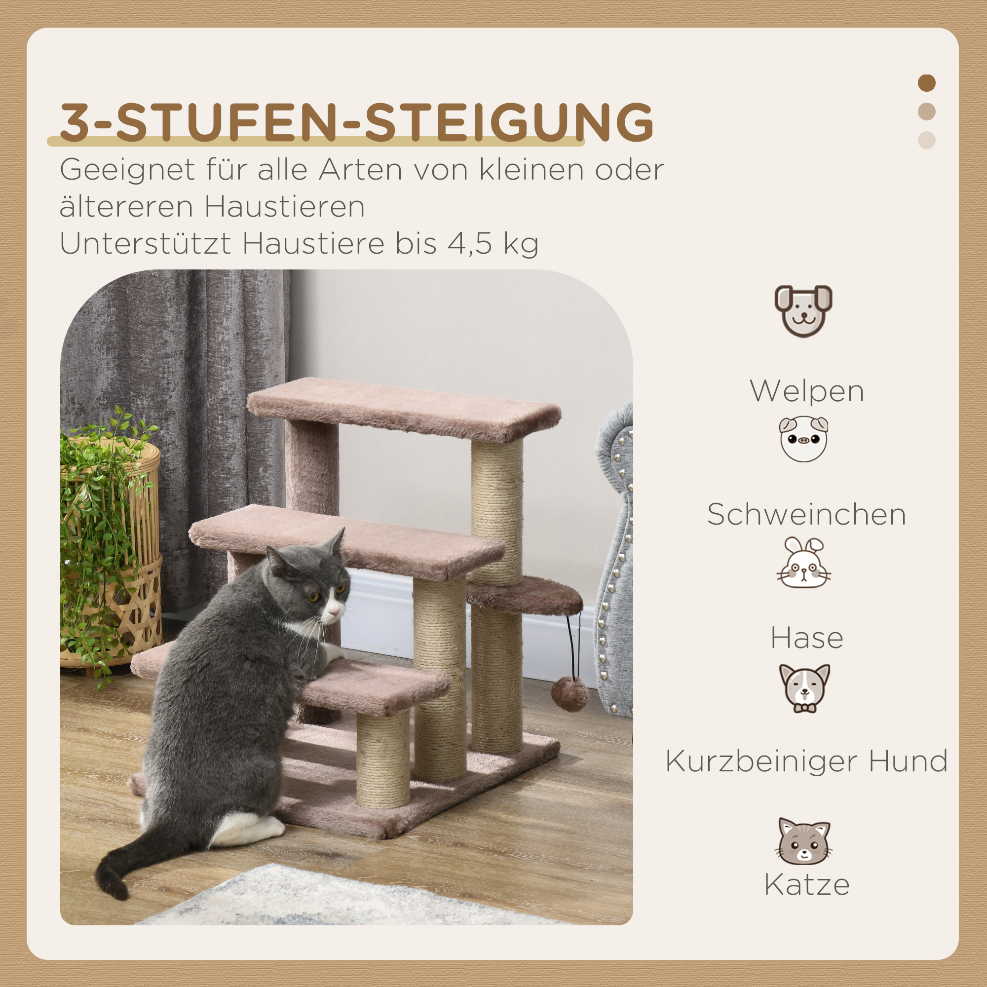 Kratzbaum, Haustiertreppe, 3 Stufen, Spielball, bis 5 kg, 45x40x48cm, Braun