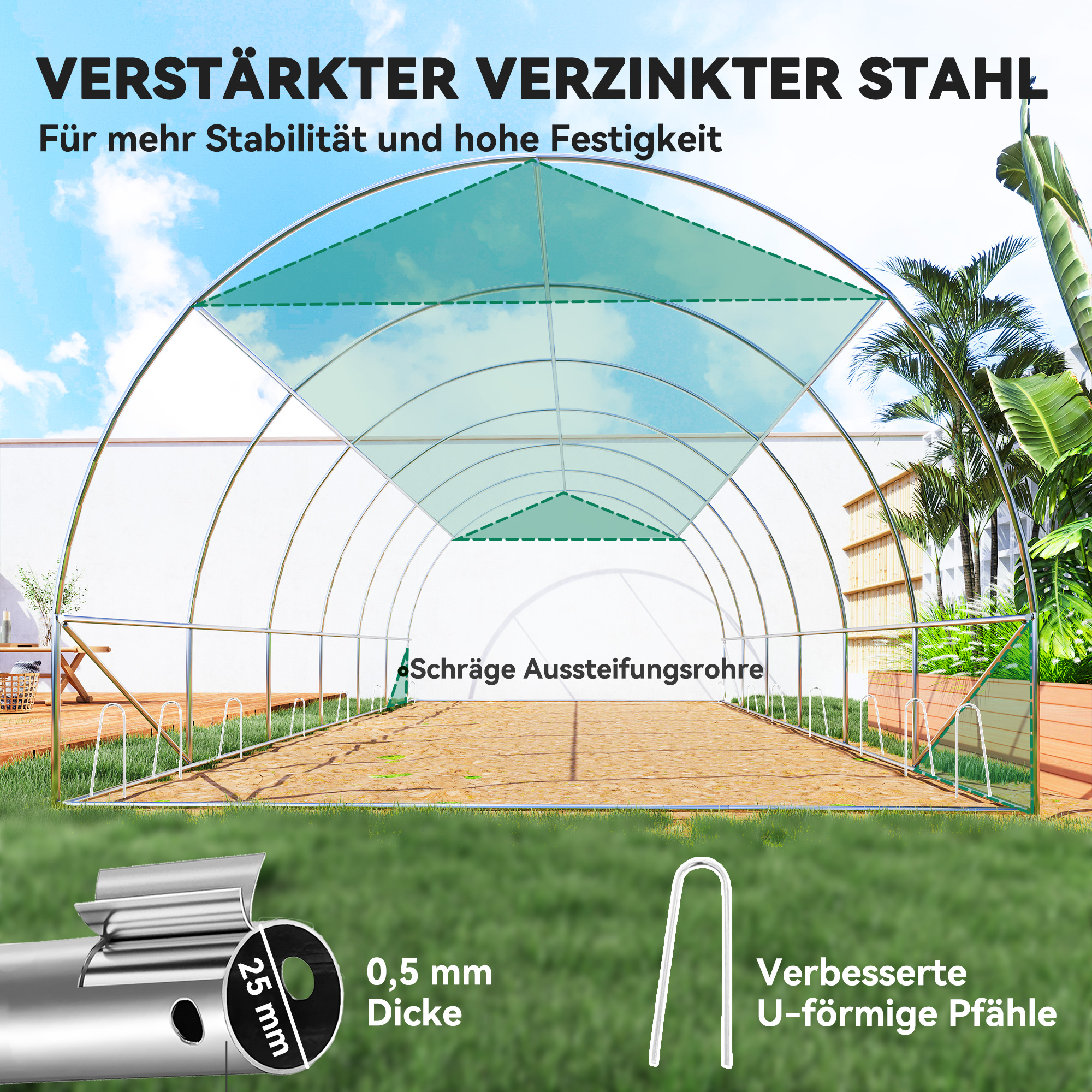 6 x 3 x 2 m Polytunnel-Gewächshaus mit Sonnenschutznetz, rollbaren Seitenwänden, Kunststoff-Abdeckung, Stahlrahmen, Grün