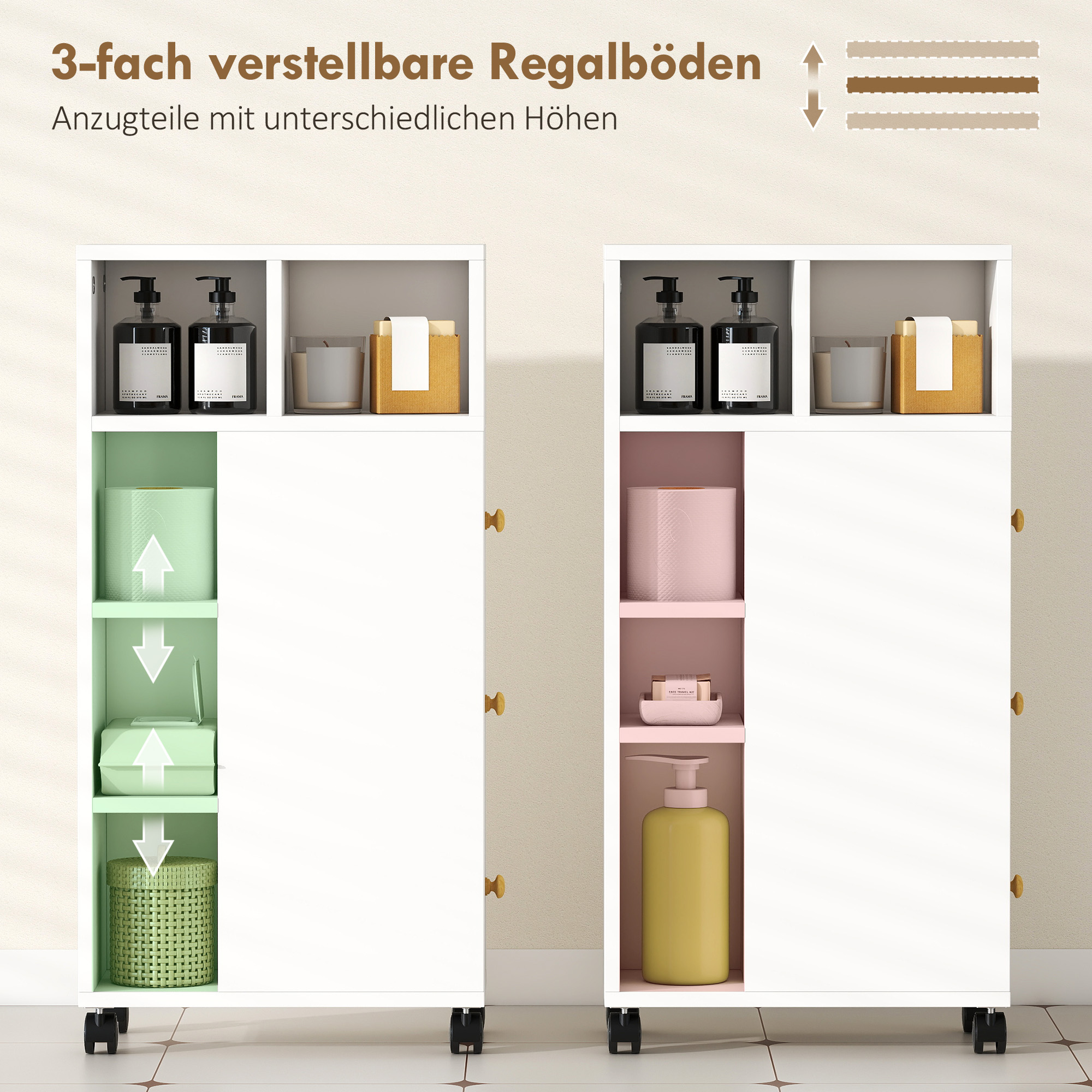 Badezimmerschrank Schmal, Badschrank mit 4 Rollen, 3 Schubladen, 5 offenen Fächern, 20x40x80cm, Weiß