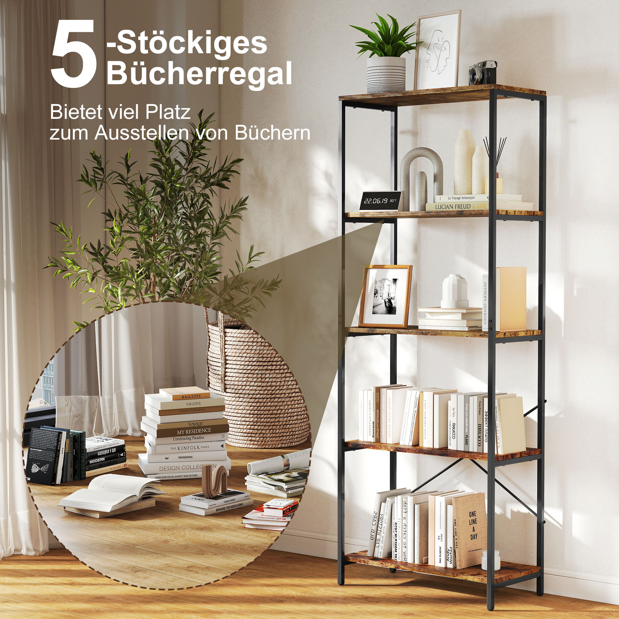 Bücherregal, 5 Ebenen, Metall, Melaminoberfläche, Braun