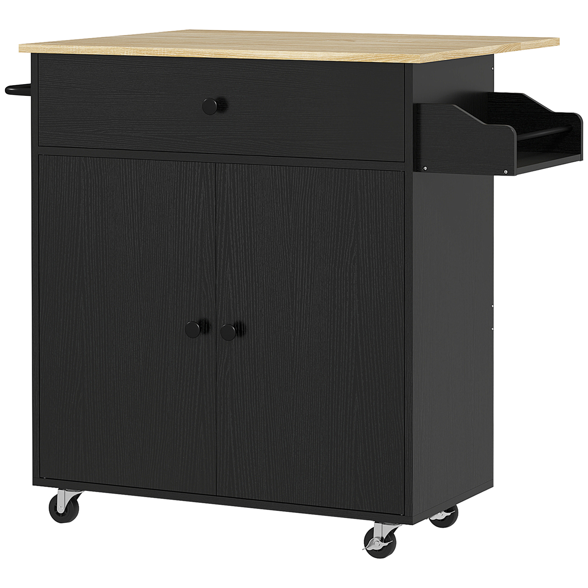 Küchenwagen mit Schublade, Schrankfach, Handtuchstange, 106 x 42 x 87 cm, Schwarz/Eiche