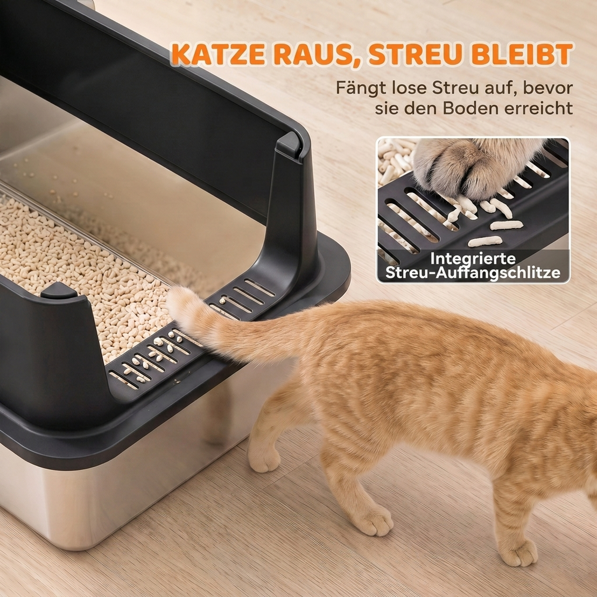 2er-Set Katzenklo Edelstahl XL mit Hohem Rand Deckel 60x40x30cm Halboffene mit 2 Schaufeln, für Große Katzen bis 8 kg