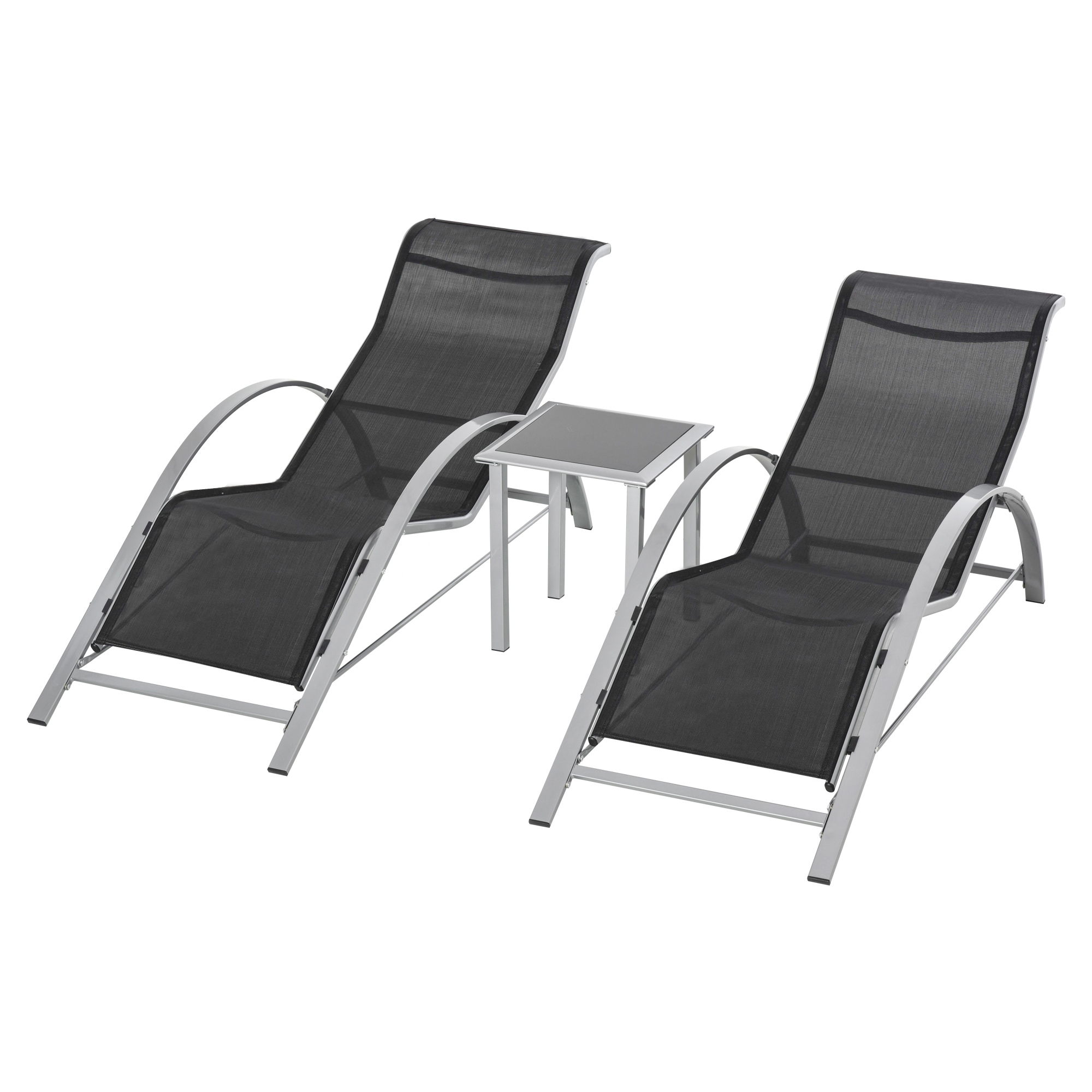 Gartenliege Set Metall Mesh 3-TLG. Sonnenliege mit Teetisch Gartengarnitur mit 2 Sonnenliegen, 1 Beistelltisch Gartensitzgruppe für Garten, Balkon 59B x 169T x 66H cm Schwarz+Silber