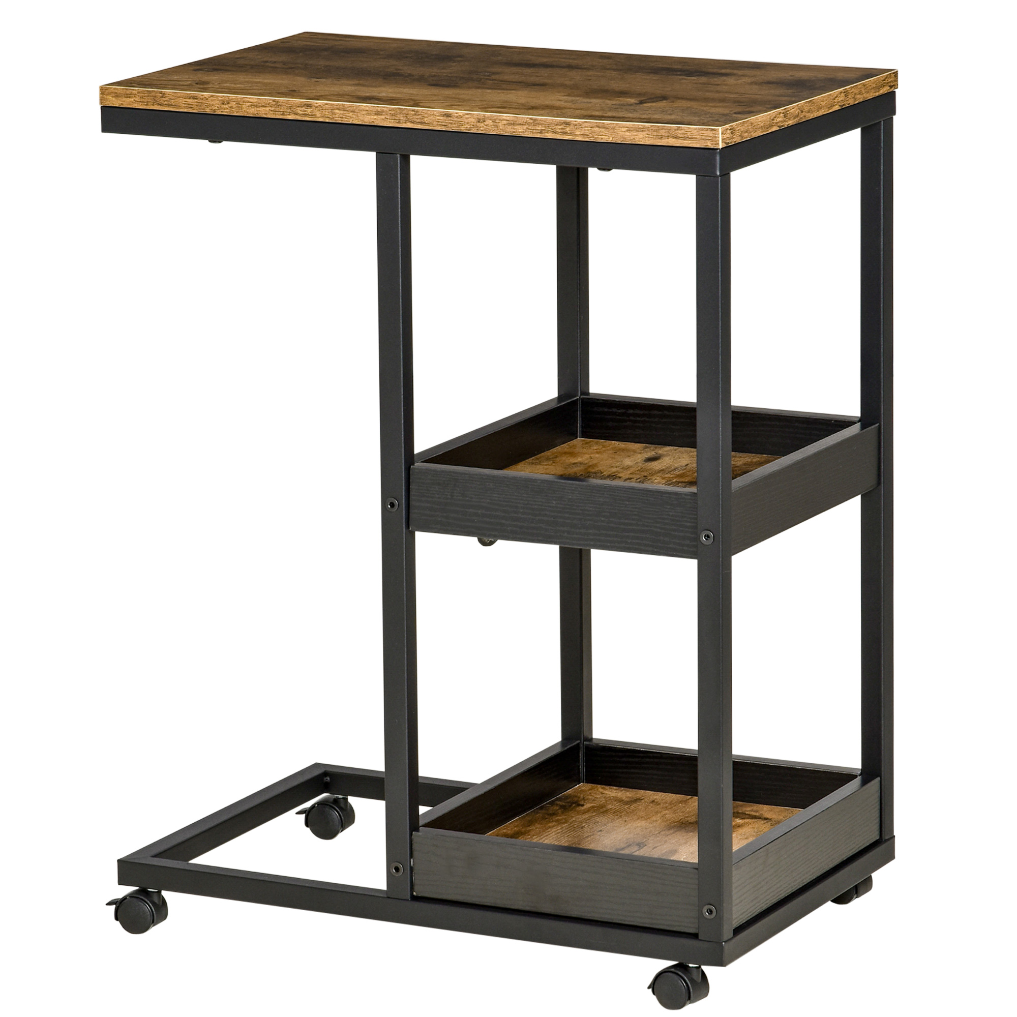 Beistelltisch mit Rädern für Sofa oder Bett, Industriestil, Stahl und Holz, Braun und Schwarz