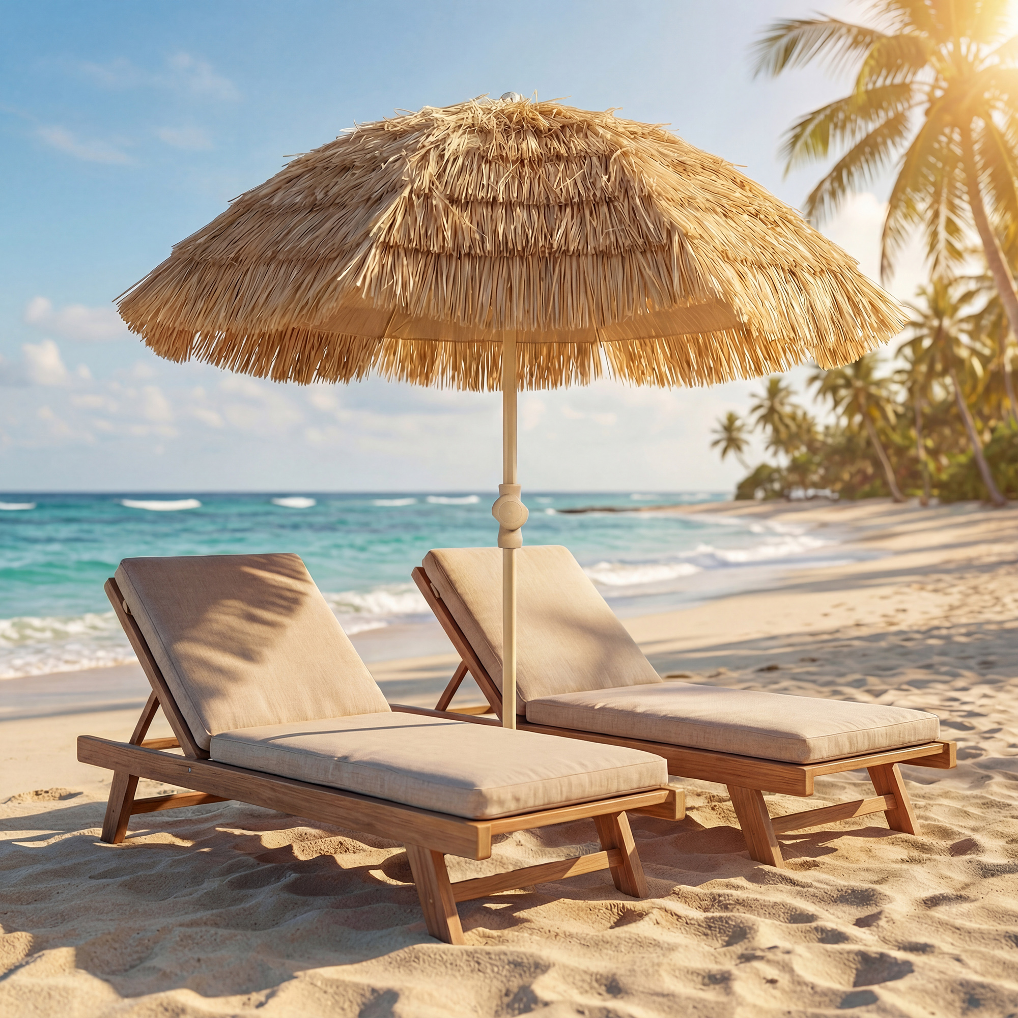 150 cm Hula Strohdach Tiki Strand- und Gartenschirm mit Sandanker, verstellbarer Höhe und Neigefunktion, Strohdach Sonnenschirm