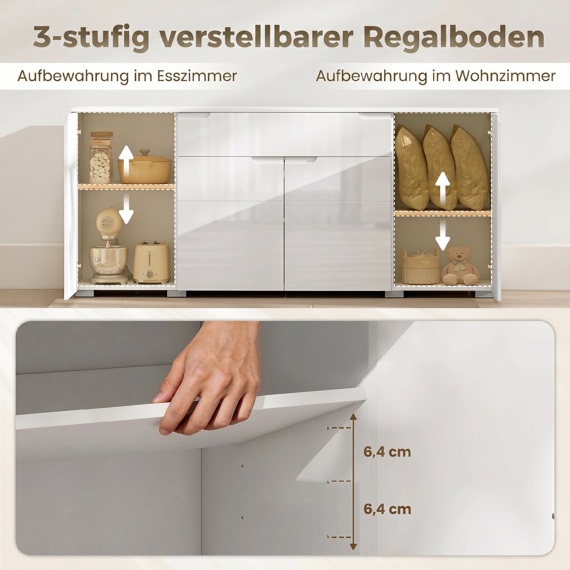 Hochglanz-Sideboard, moderne Kommode mit 4 Türen und verstellbaren Einlegeböden, Soft-Close-Funktion, Weiß
