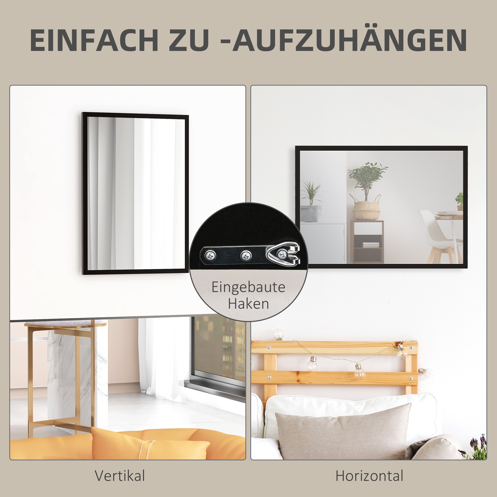 Wandspiegel, 50 x 70 cm, Rahmen in Holzoptik, einfache Montage, inkl. Schrauben