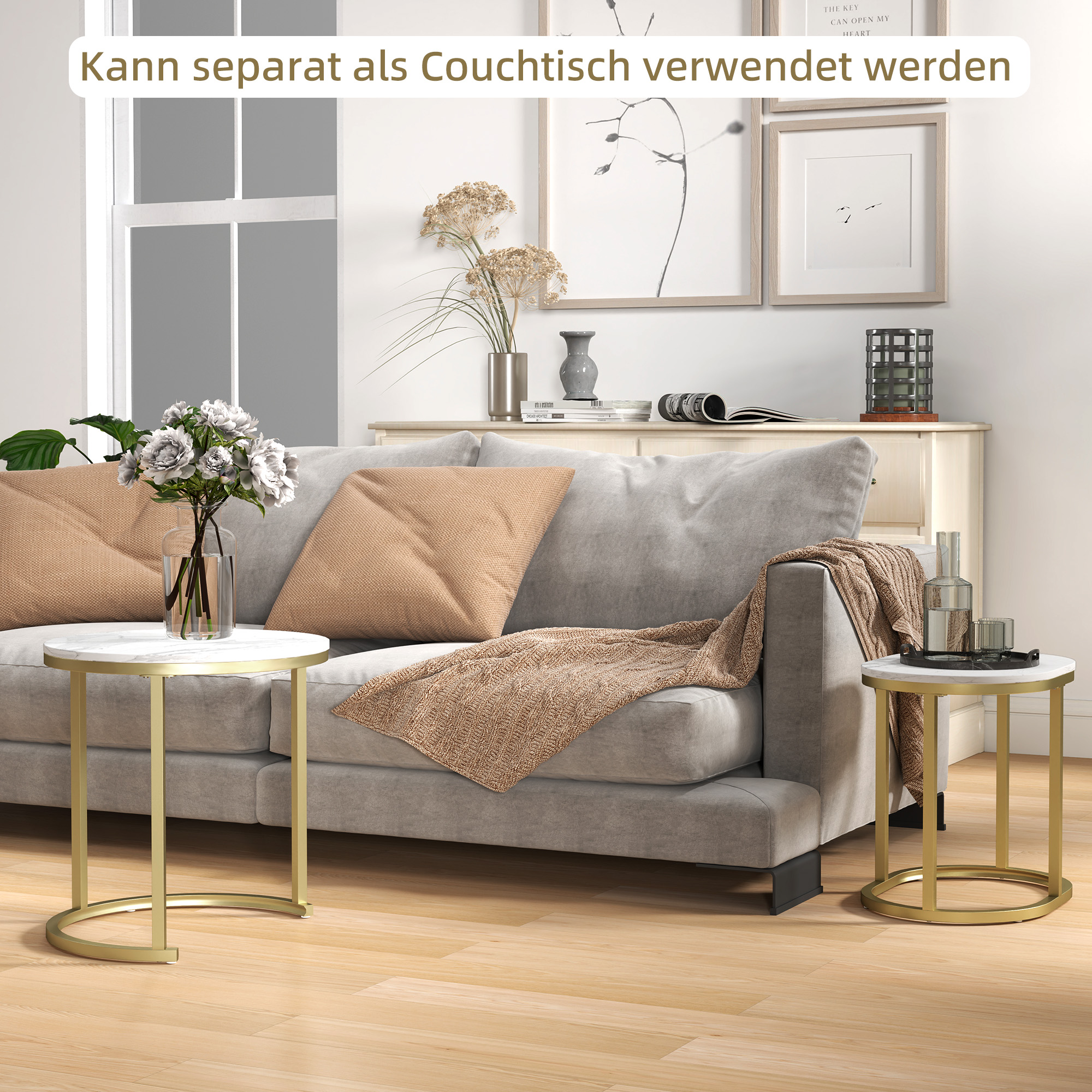 2er-Set Couchtisch, Ovaler und runder Kaffeetisch, stapelbar, Marmoroptik, Stahl, Ø50 x 50,5 cm, Weiß