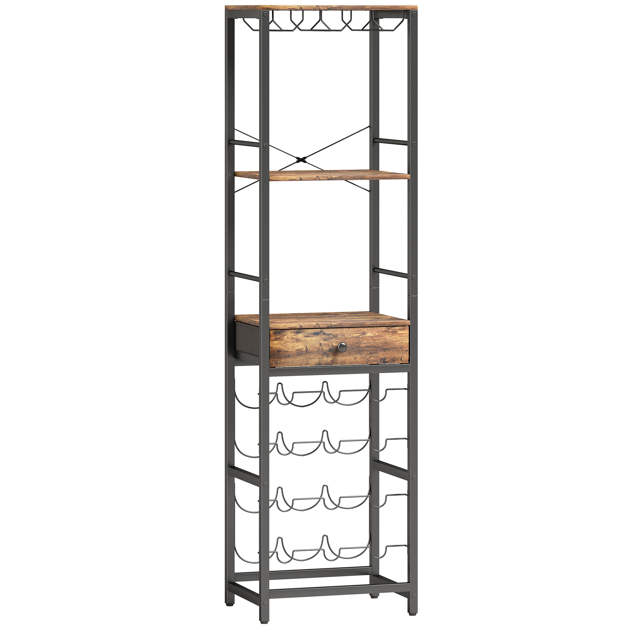 Weinbar-Schrank mit Schublade, Industrieller Barschrank, Weinregal für 12 Flaschen, Glashalter, Rustikal Braun
