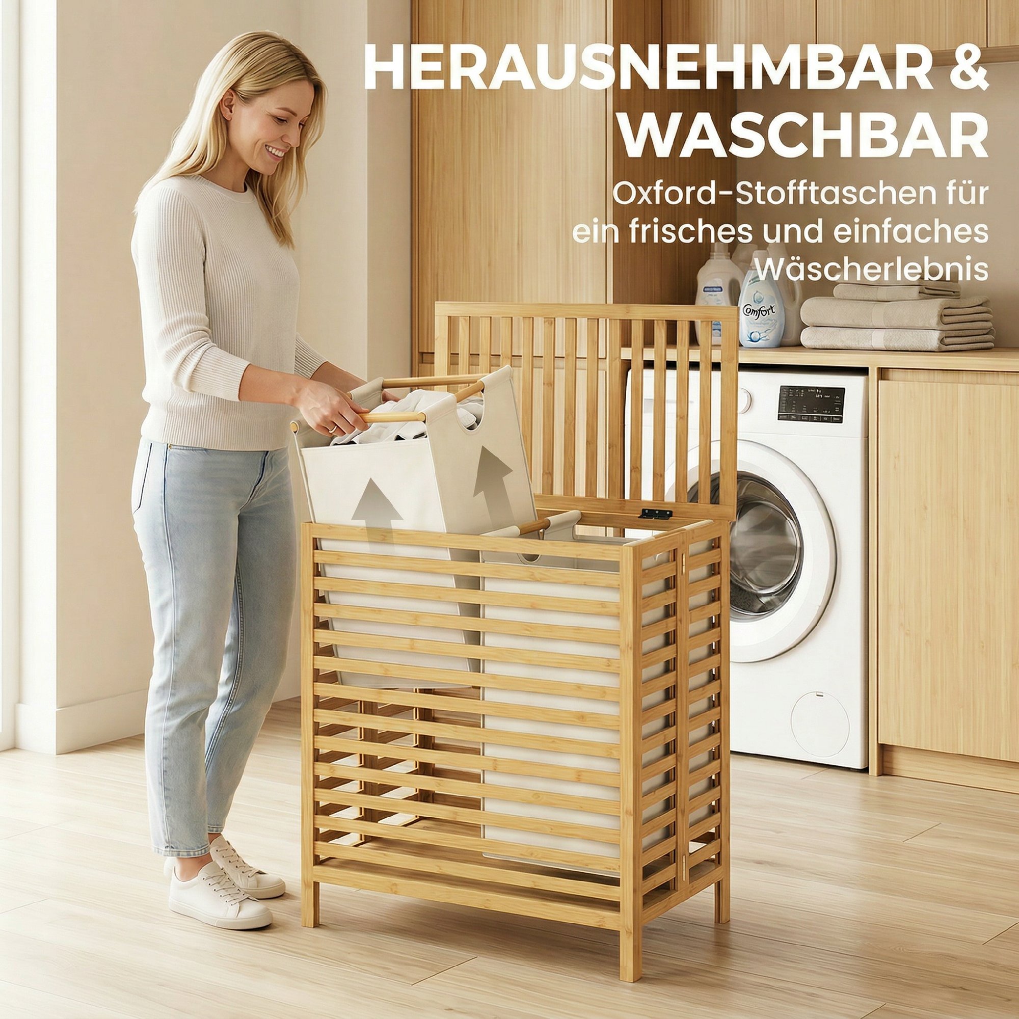 Bambus-Wäschekorb mit Deckel, 2 Körbe, faltbar, 64L, Natur und Cremeweiß