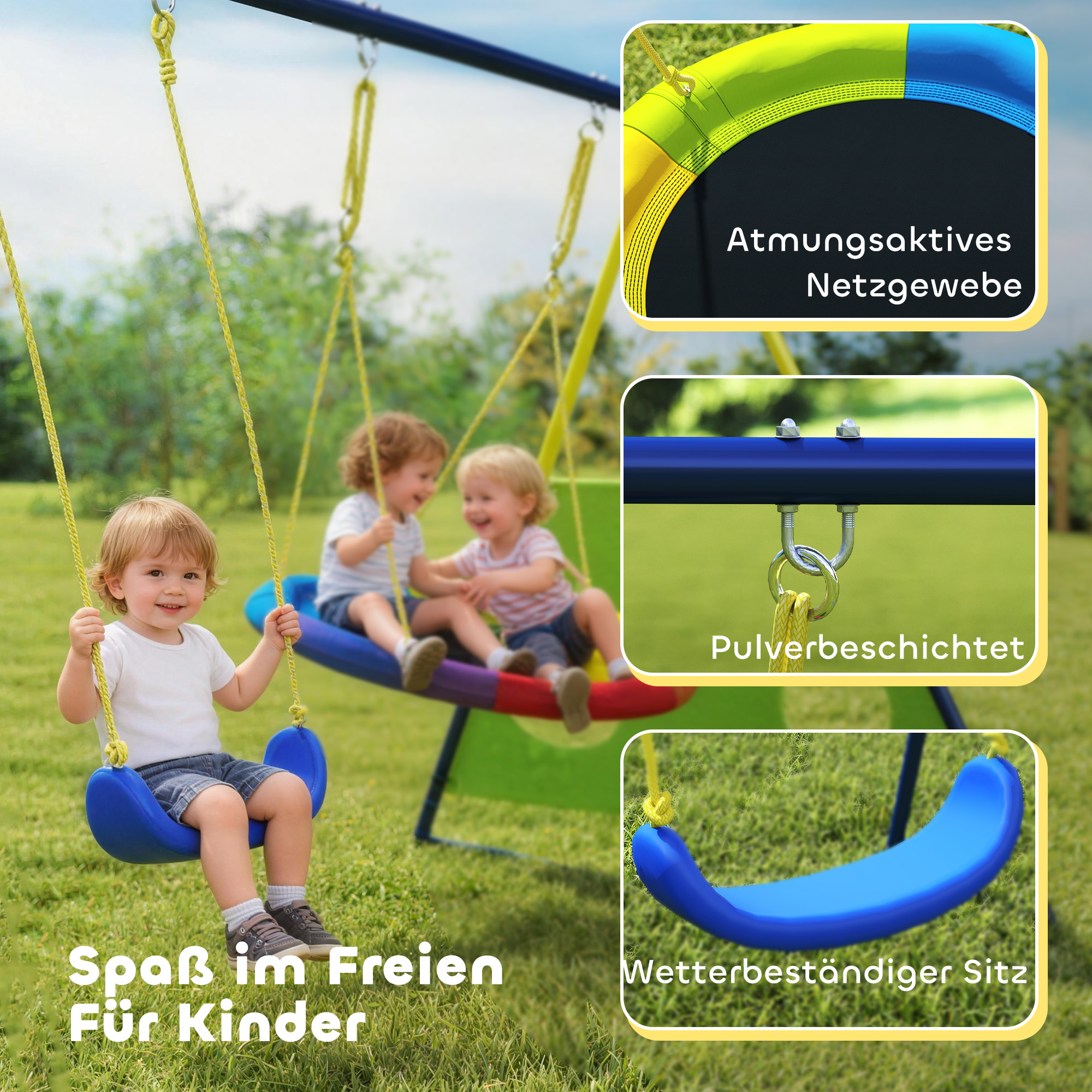 Schaukelgestell 4-in-1 Schaukel-Set bis 150 kg mit Nestschaukel Basketballkorb Fußballtor U-Schaukel 288 x 160 x 220 cm