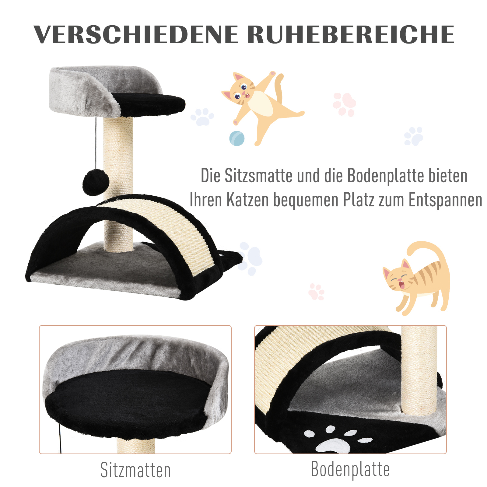 Kratzbaum Katzenbaum mit Spielbällen Katzenkratzbaum Sisalseil-Kratzstangen Schwarz 35,5 x 37 x 46 cm