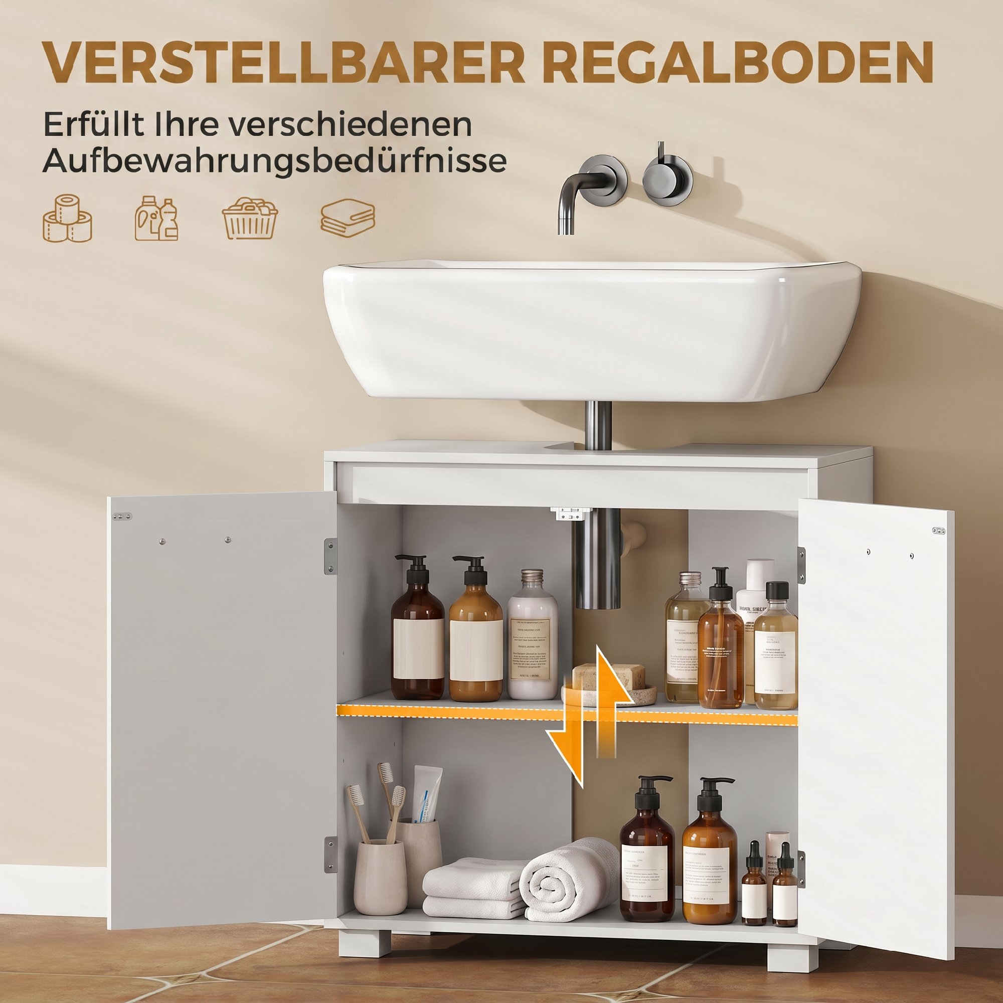 Waschbeckenunterschrank, Modernes freistehendes Badmöbel mit U-förmiger Aussparung, verstellbarem Regal, Weiß