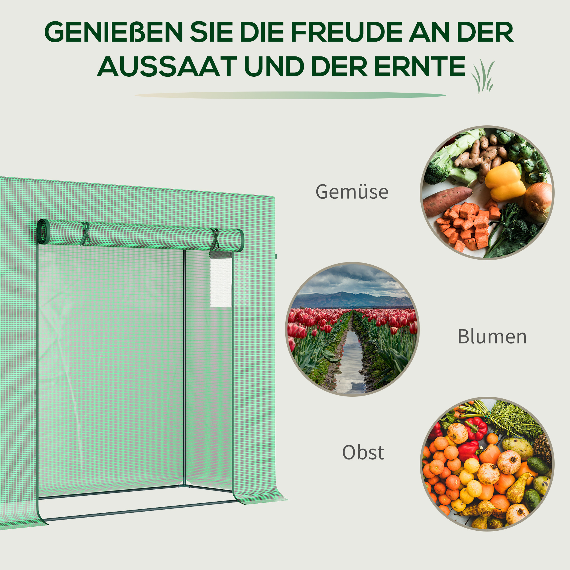 Foliengewächshaus, Treibhaus mit Rolltür, Seitenfenster, für Garten, aus Stahl, Kunststoff, 200 x 76 x 168 cm, Grün