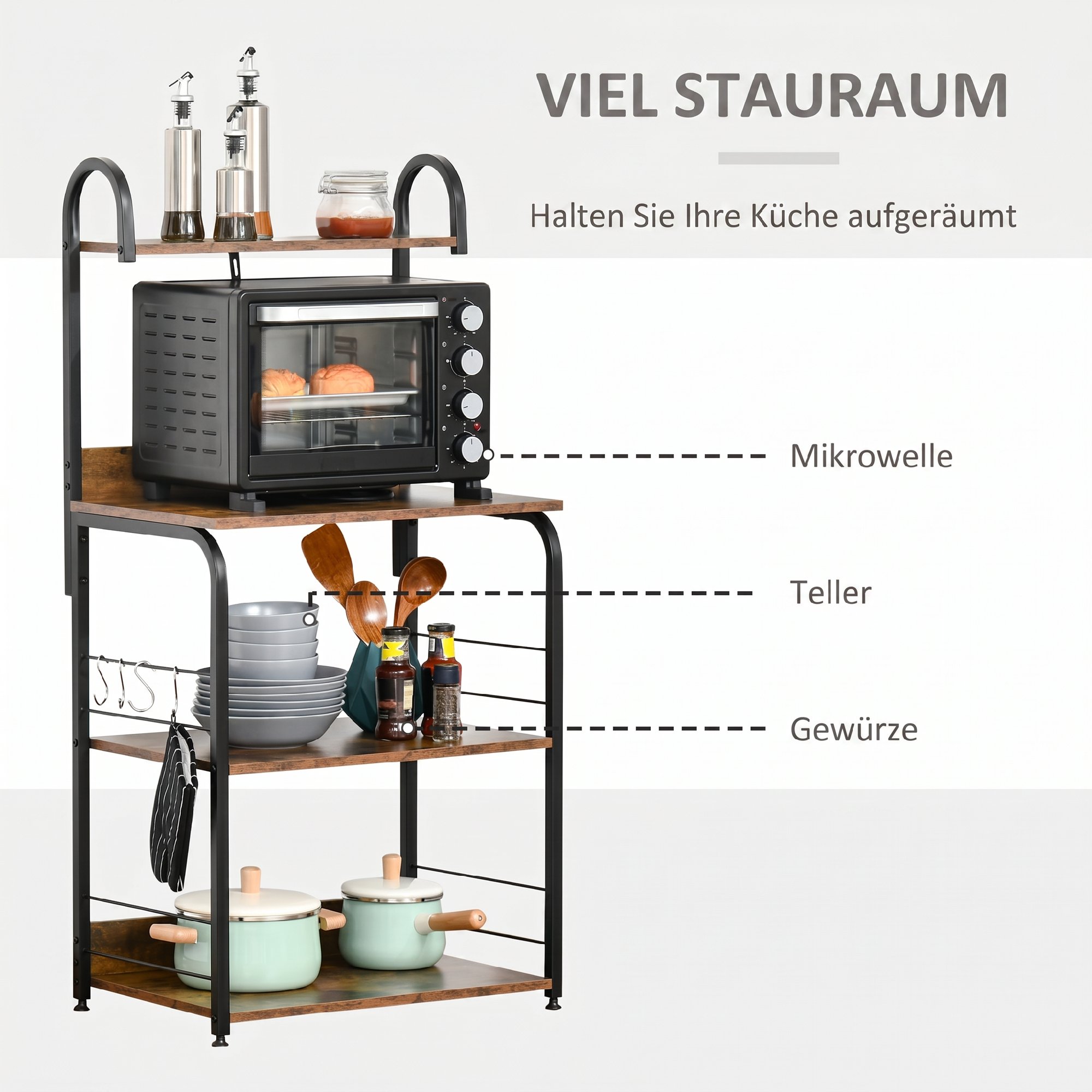 Küchenregal, Standregal mit 3 Ablagen, 4 Haken, Mikrowellenregal für Küche, Esszimmer, Rustikal-Braun, 60 x 40 x 125 cm